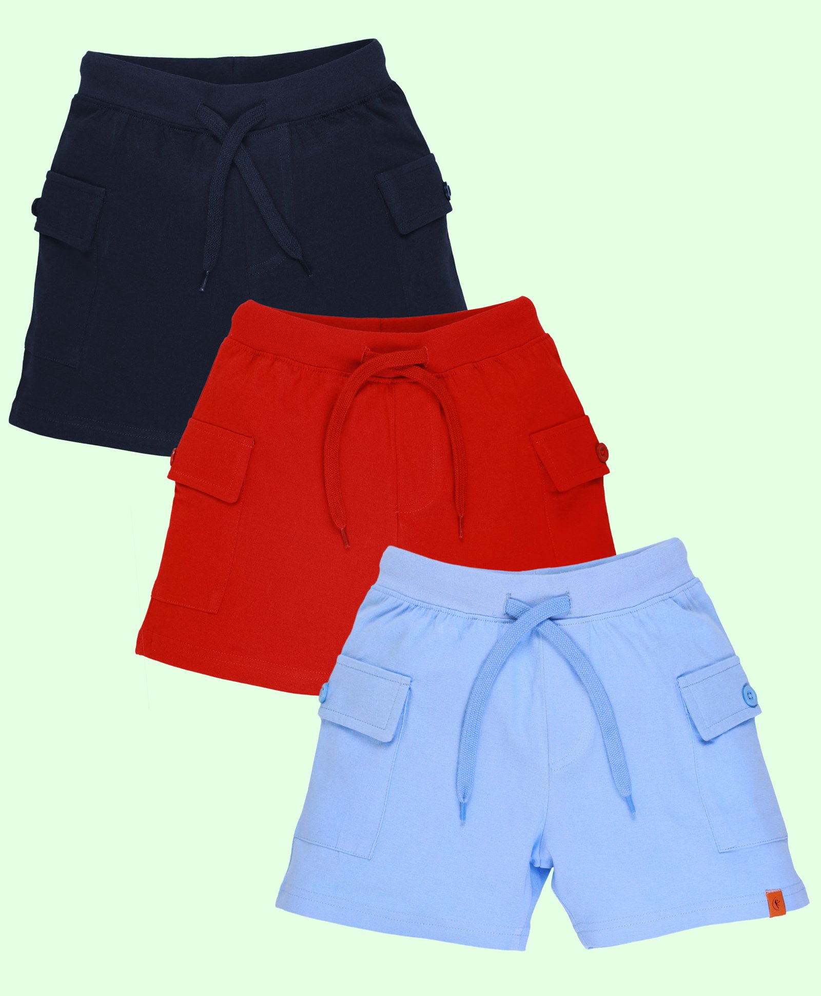 Kiddopanti Cotton Pack Of 3 Solid Cargo Shorts - Navy Blue Red & Light Blue-picture-30