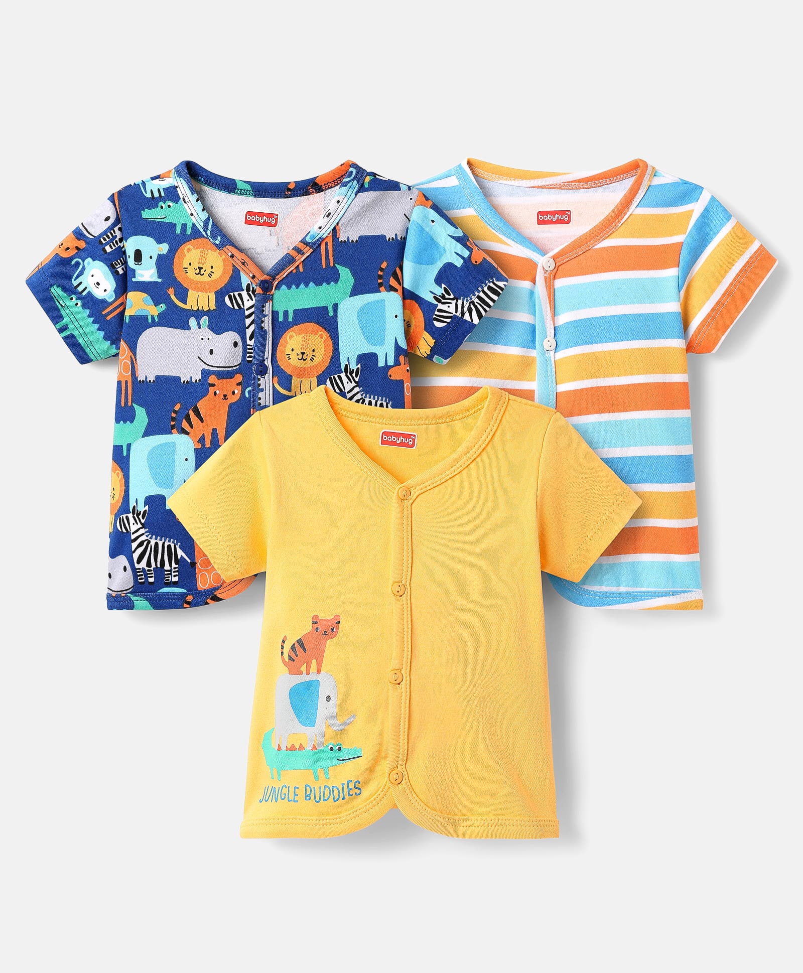 Babyhug 100% Cotton Antibacterial Front Open Half Sleeves Animal Printed & Striped jhablas Pack Of 3 - Navy Blue Yellow & Light Blue