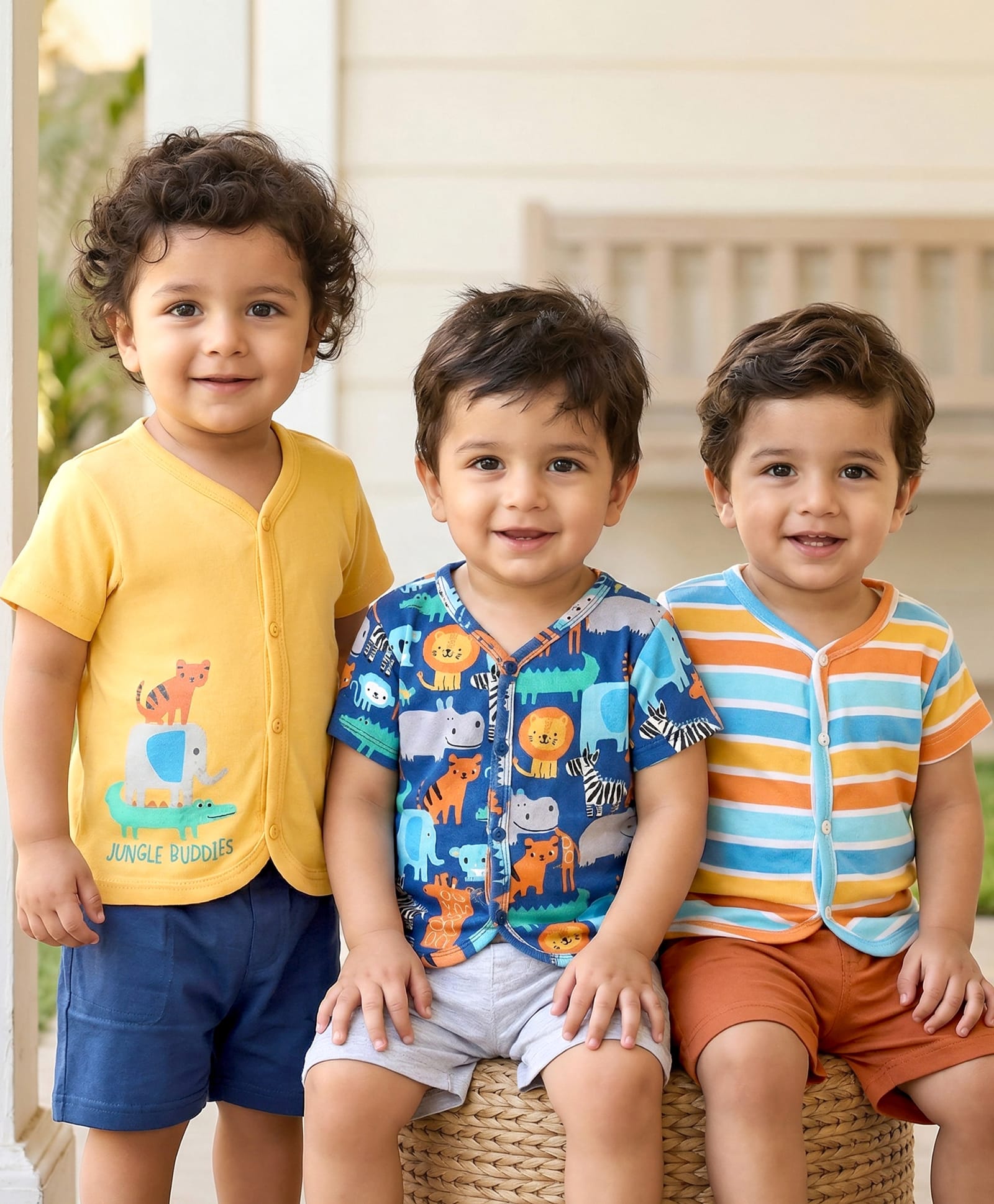 Babyhug 100% Cotton Antibacterial Front Open Half Sleeves Animal Printed & Striped Vests Pack Of 3 - Navy Blue Yellow & Light Blue-image-40