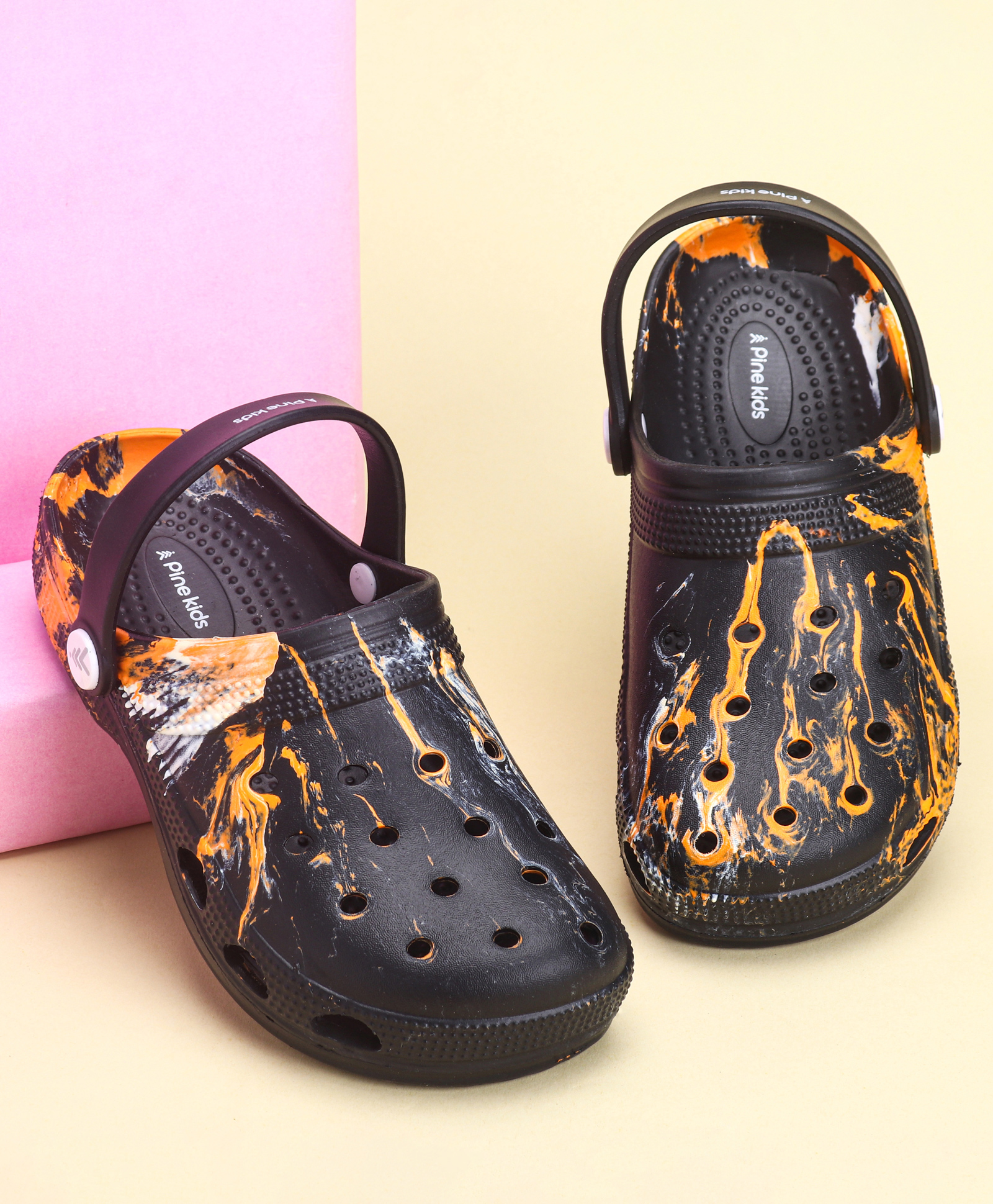 Pine Kids Back Strap Closure Printed Clogs - Orange