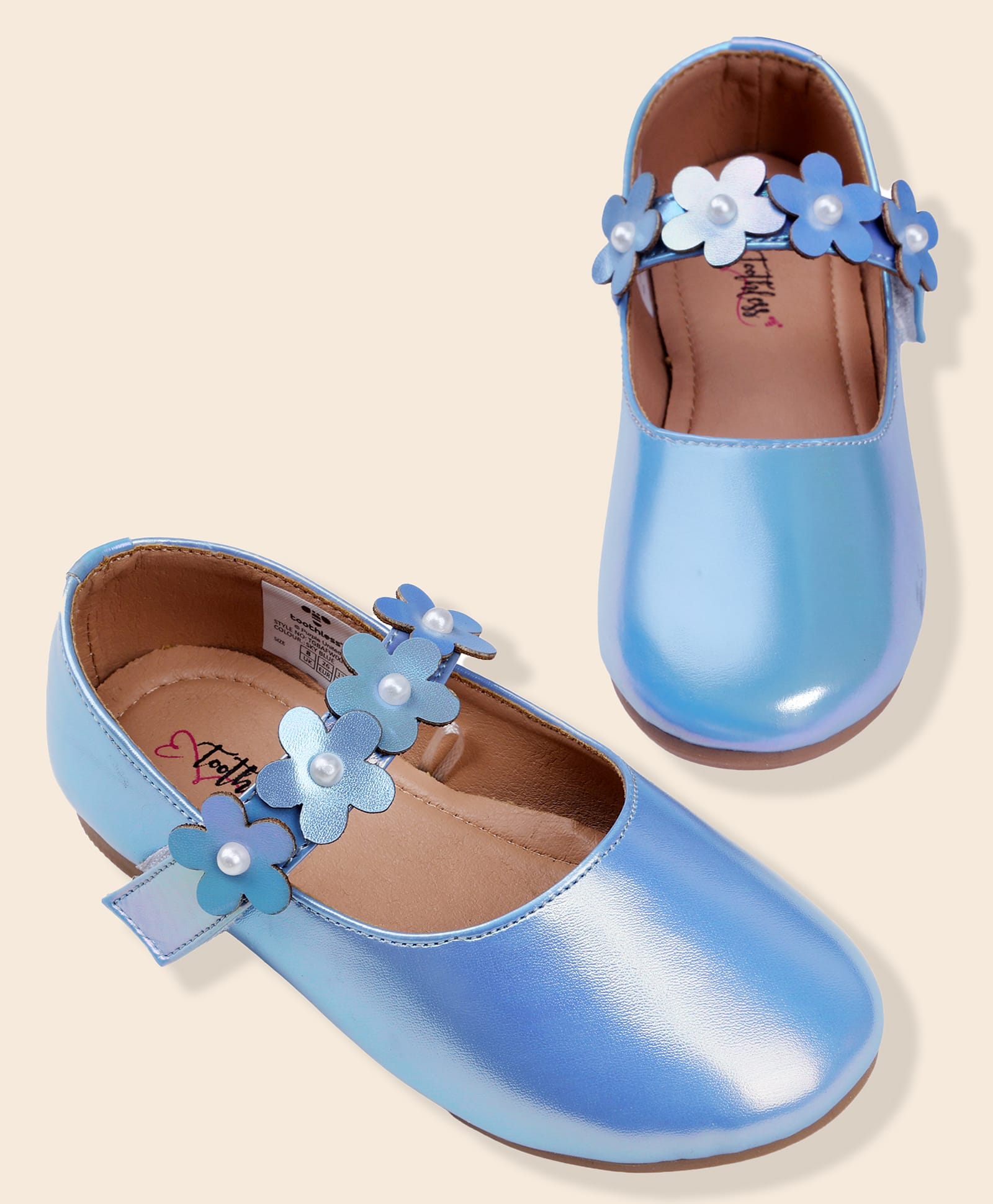 Toothless Floral Applique Detailed & Pearls Embellished With Velcro Closure Mary Jane Ballerinas - Sky Blue-image-9
