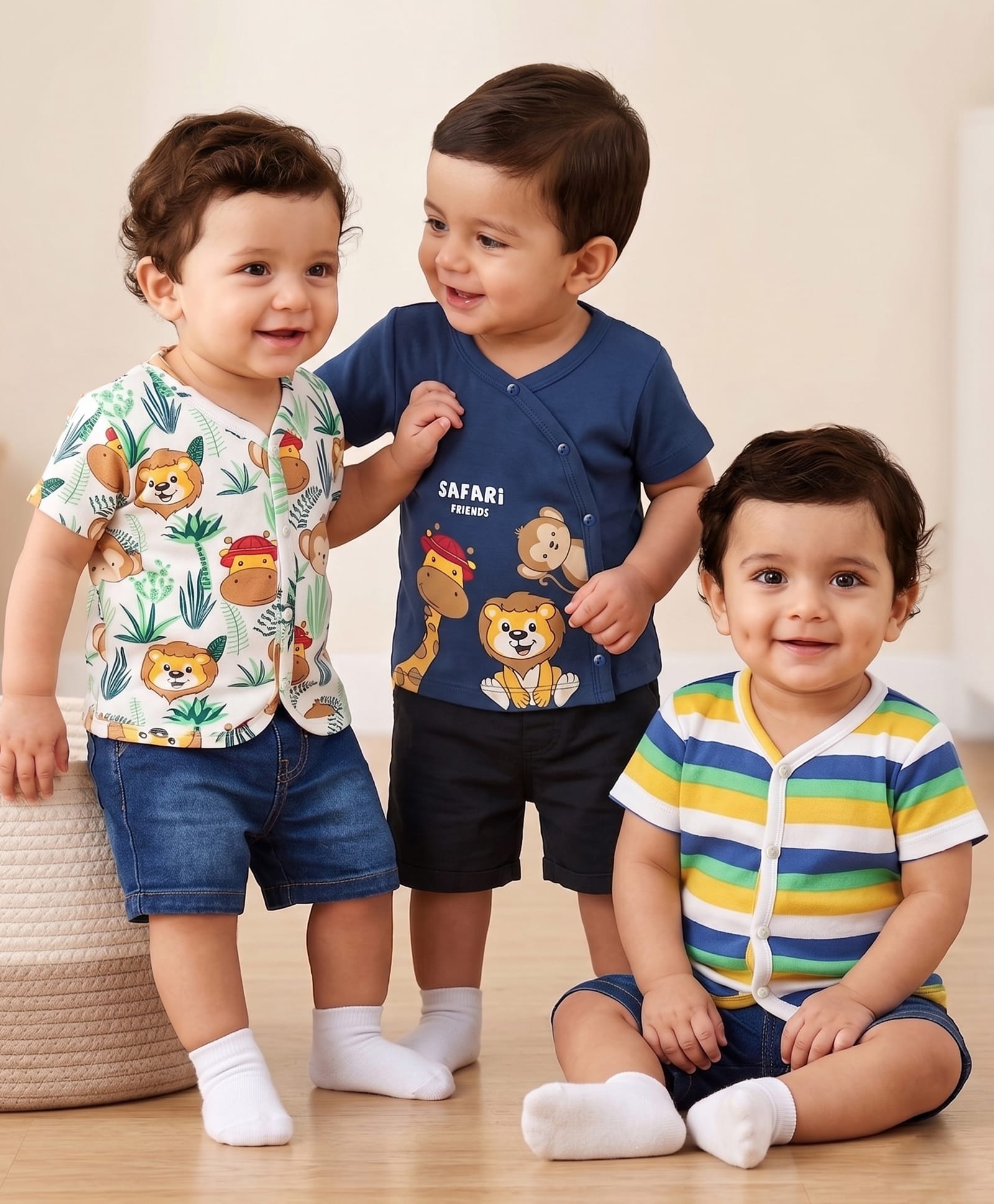 Babyhug 100% Cotton Antibacterial Half Sleeves Front Open Vest With Stripes & Animal Print Pack Of 3 - Navy Blue & White-picture-24