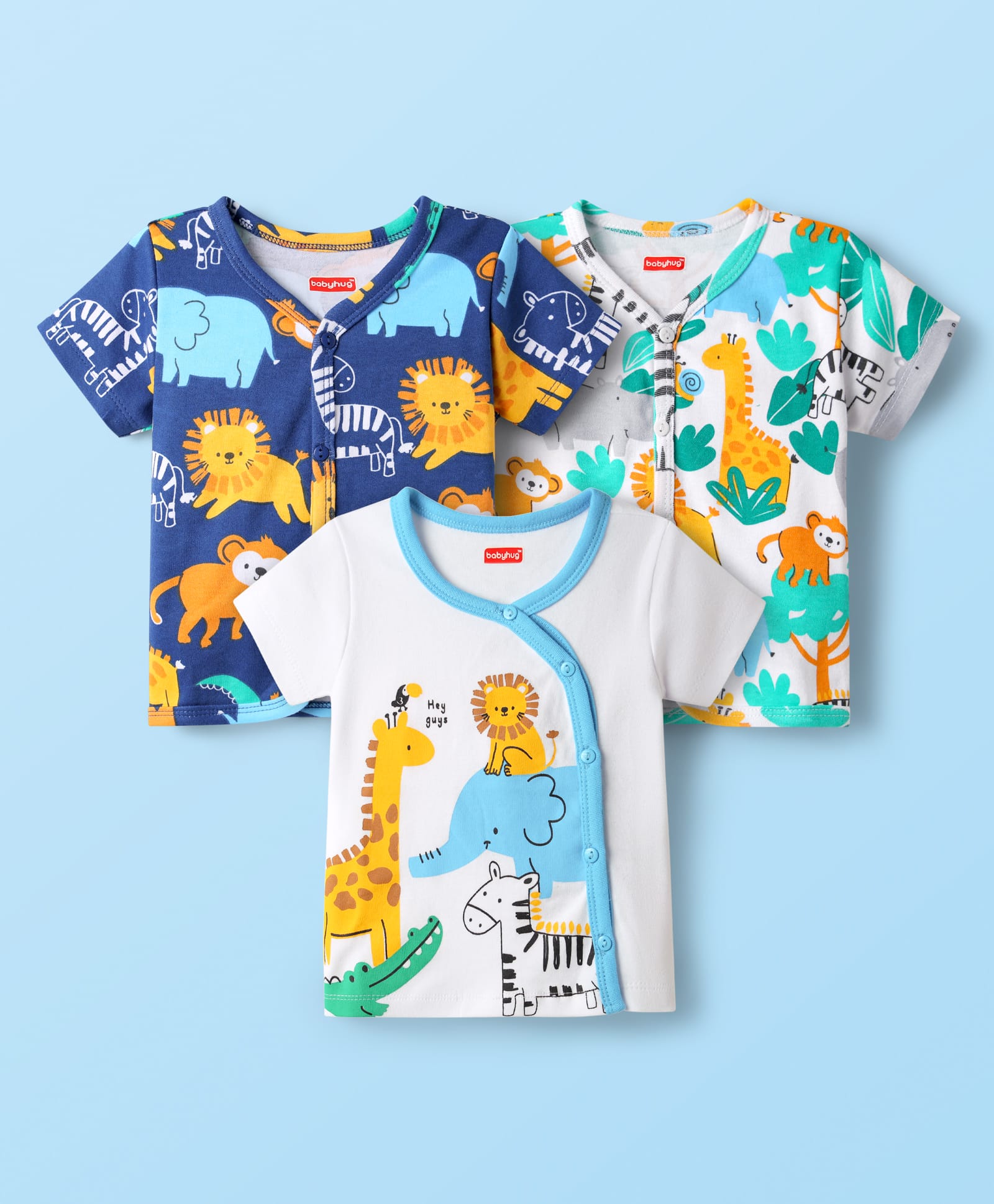 Babyhug 100% Cotton Interlock Knit Half Sleeves Front Open Vests With Animal Print Pack Of 3 - Navy Blue & White-picture-21