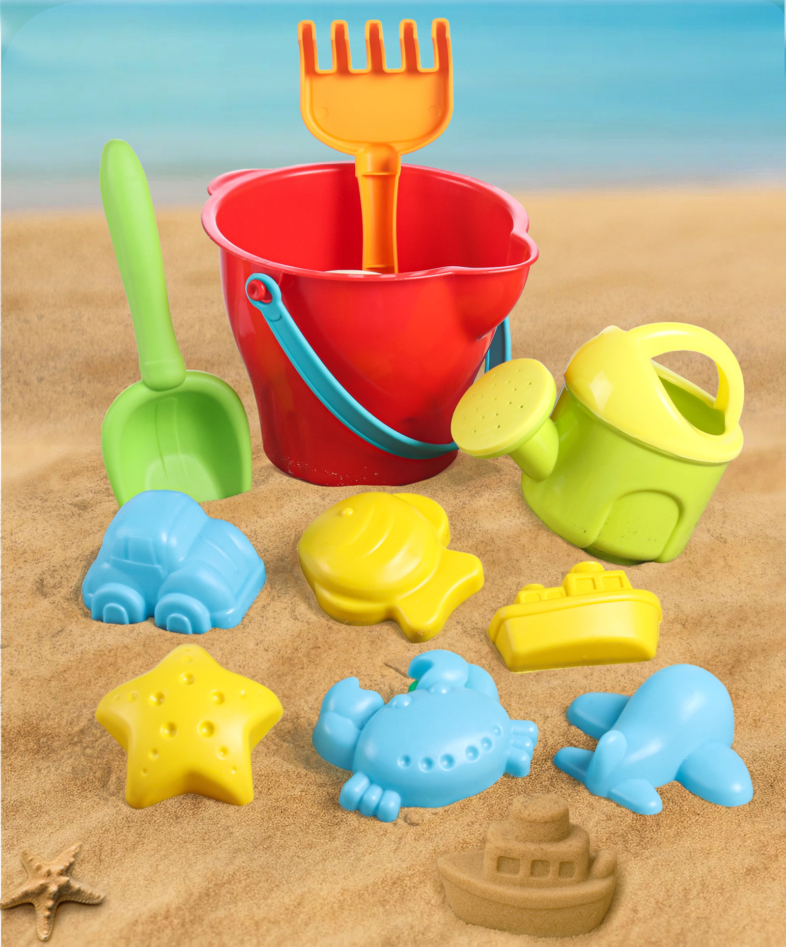 Babyhug 10 Pcs Beach Playset With Bucket Shovels & Molds - Red