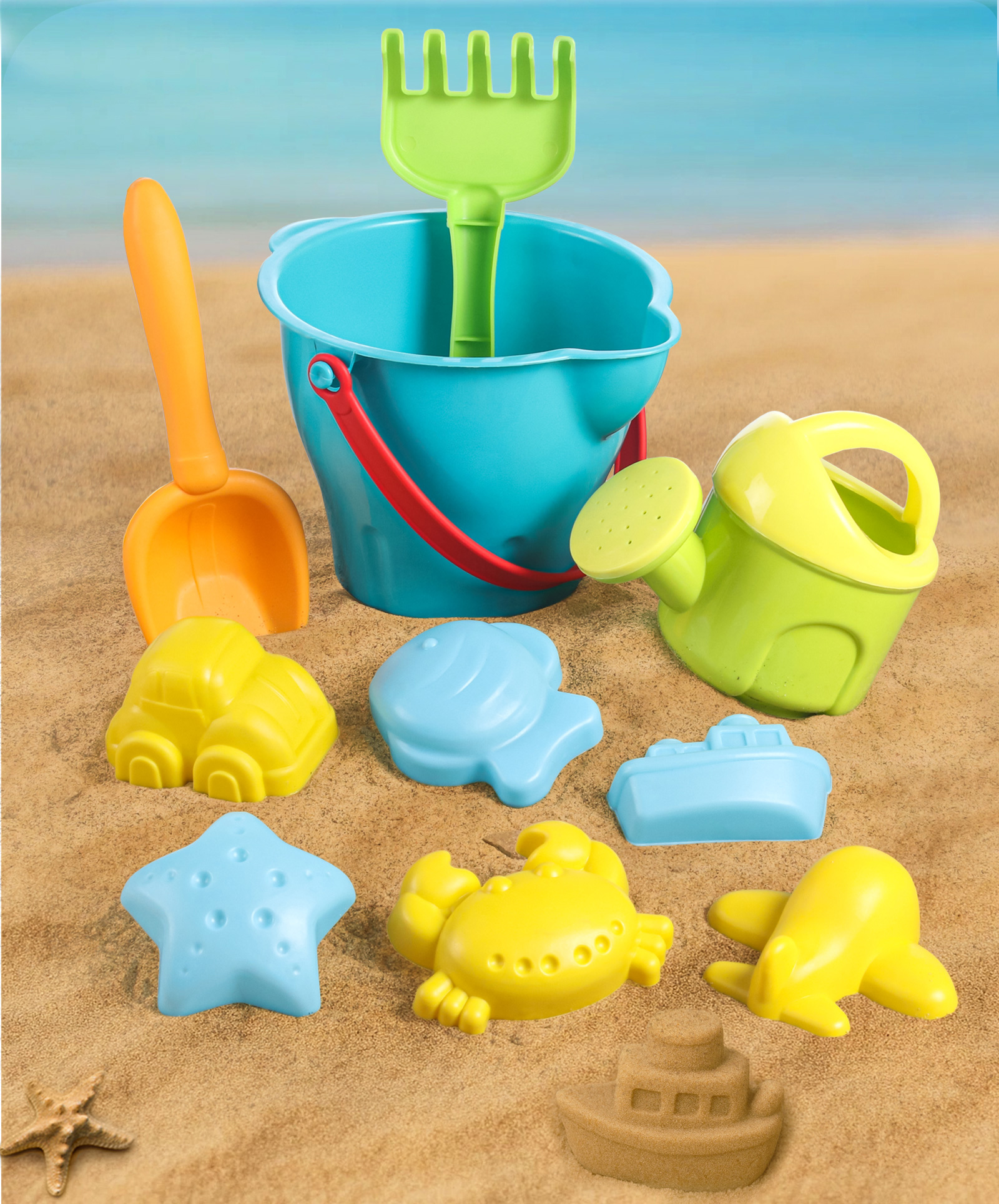 Babyhug 10 Pcs Beach Playset With Bucket Shovels & Molds - Blue