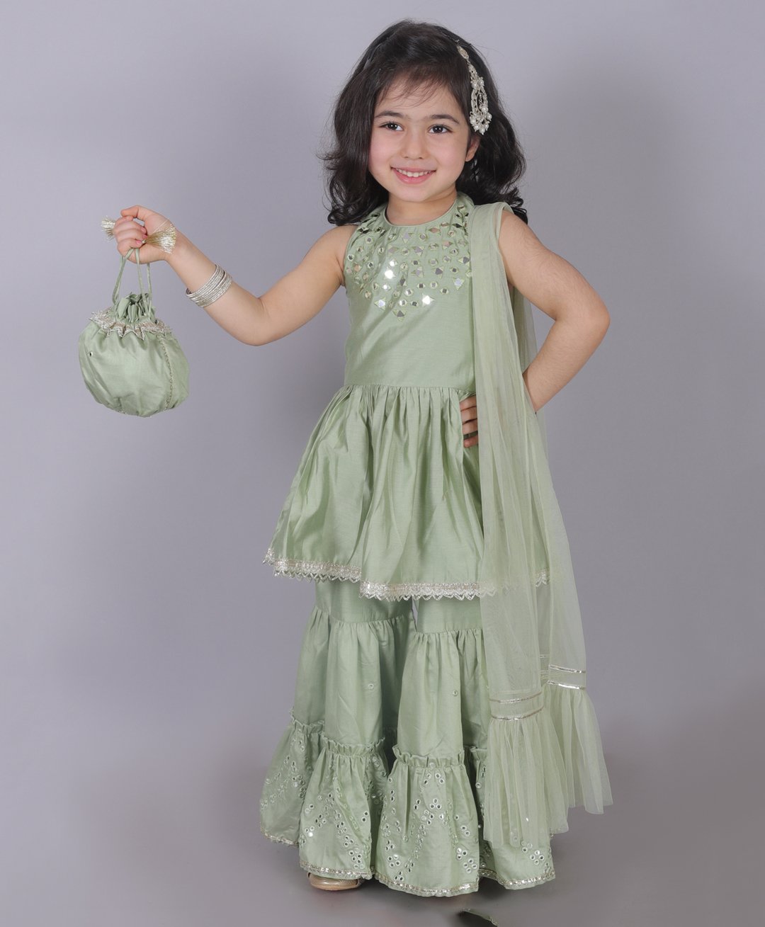 Lil' Drama Viscose Rayon Sleeveless Mirror Work Detailed Kurta Sharara With Dupatta & Potli Set - Sea Green-image-38