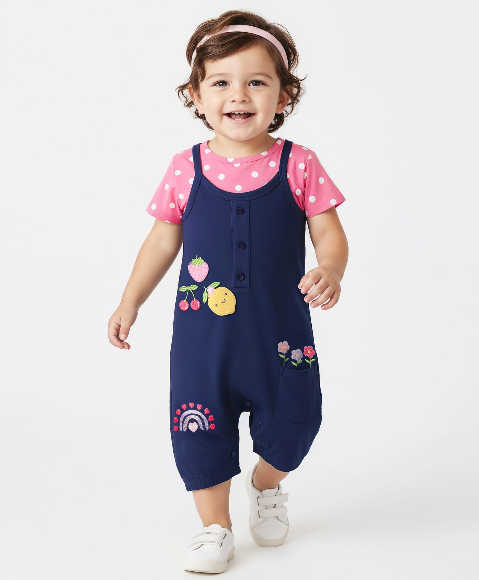 Babyhug Single Jersey Knit Polka Dot Printed Dungaree Style Romper with Half Sleeves Inner Tee - Pink & Navy Blue-picture-35