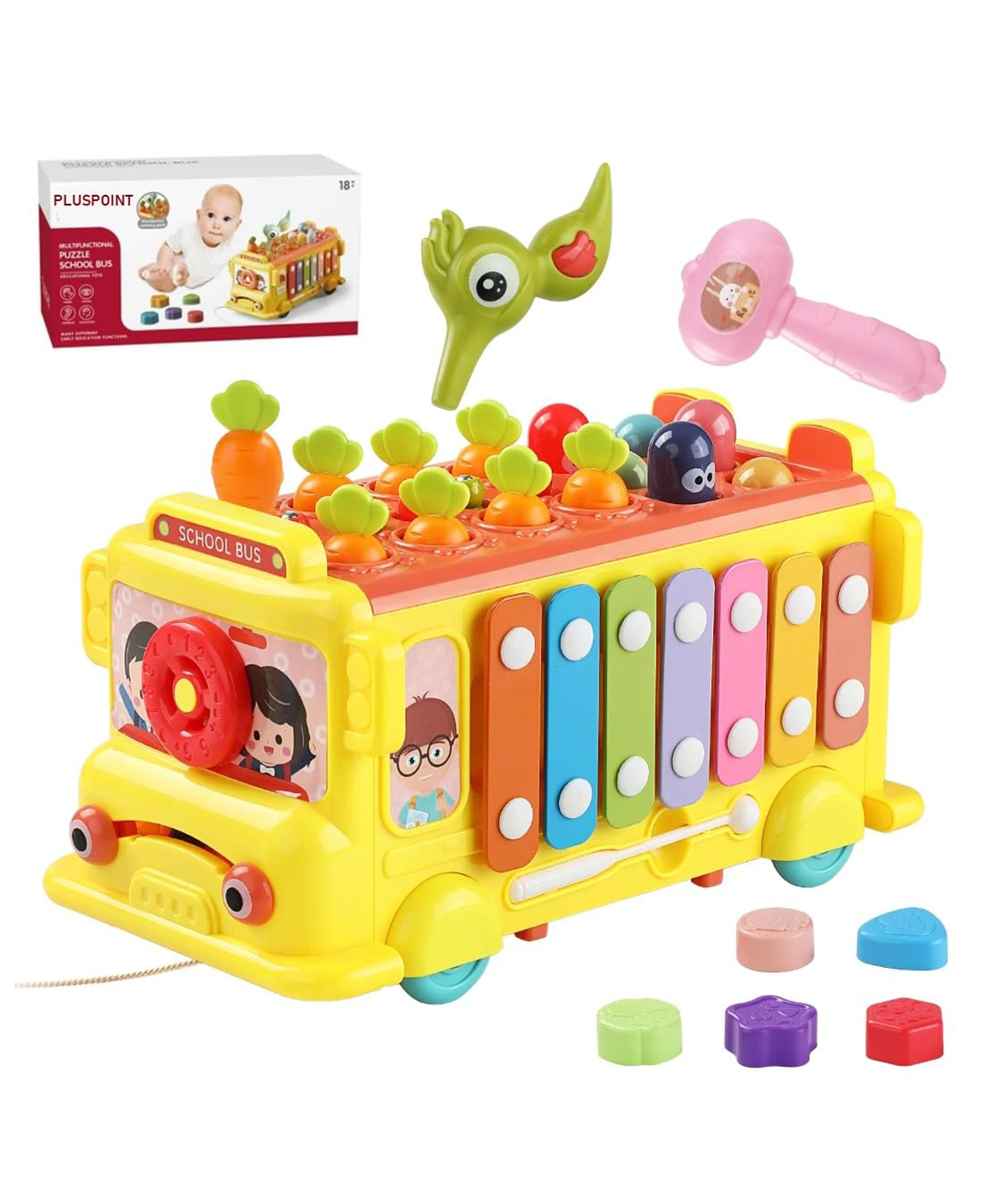 PLUSPOINT School Bus Activity Toy for Kids Multifunctional Pull-Along Bus with Gears, Teaching Clock, Fishing Game Color Matching Shape Puzzles Whack-a-mole Toddler Musical Toy-image-37