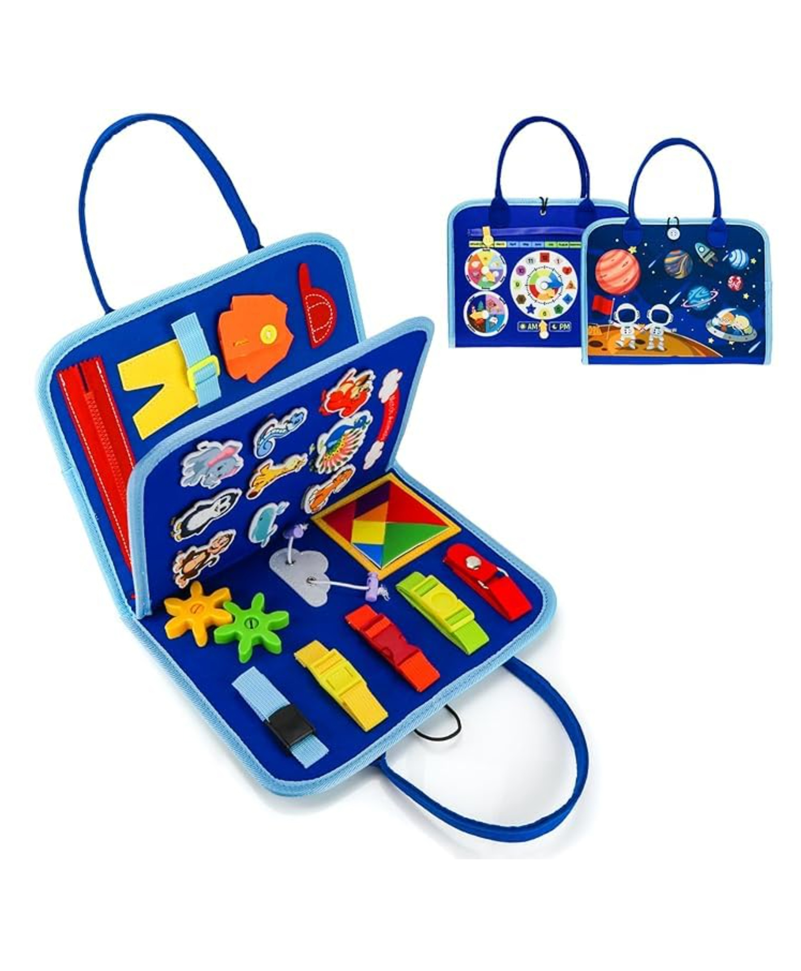 PLUSPOINT Busy Board Montessori Toys for Kids Birthday Gift Preschool Learning Activities with Life Skills ABC 123 Shape Color Animal Weather Toddler Gifts Christmas Toys for 2-7yr (Space)-image-38