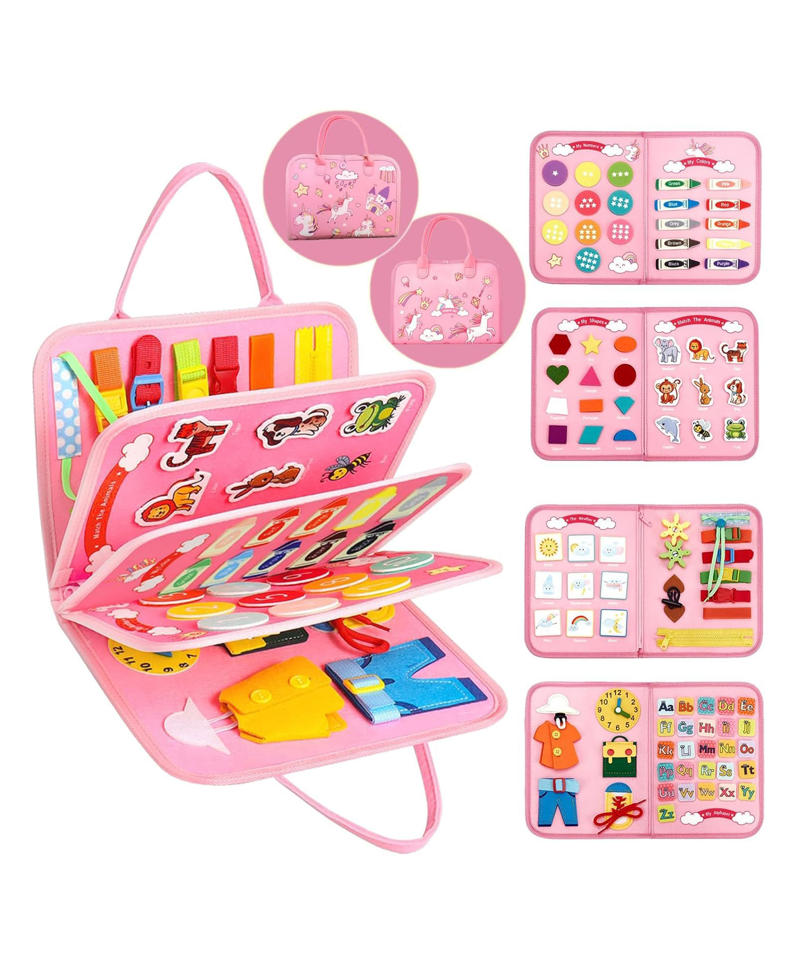 PLUSPOINT Busy Board Montessori Toys for Kids Birthday Gift Preschool Learning Activities with Life Skills ABC 123 Shape Color Animal Weather Toddler Gifts Christmas Toys for 2-7yr (Unicorn)-picture-12