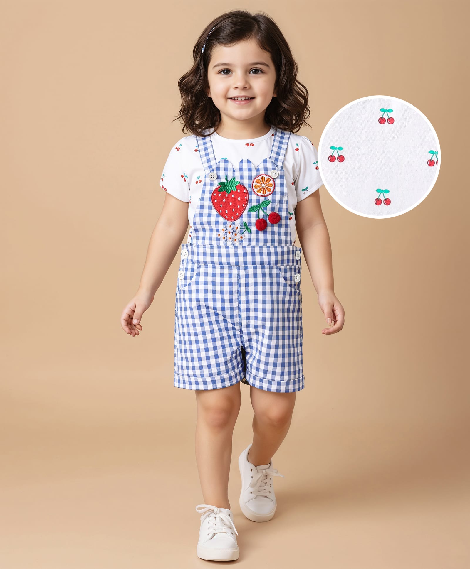 Babyhug Single Jersey Knit Half Sleeves Inner Top & Dungaree with Checks & Cherry Print - White & Blue-picture-25
