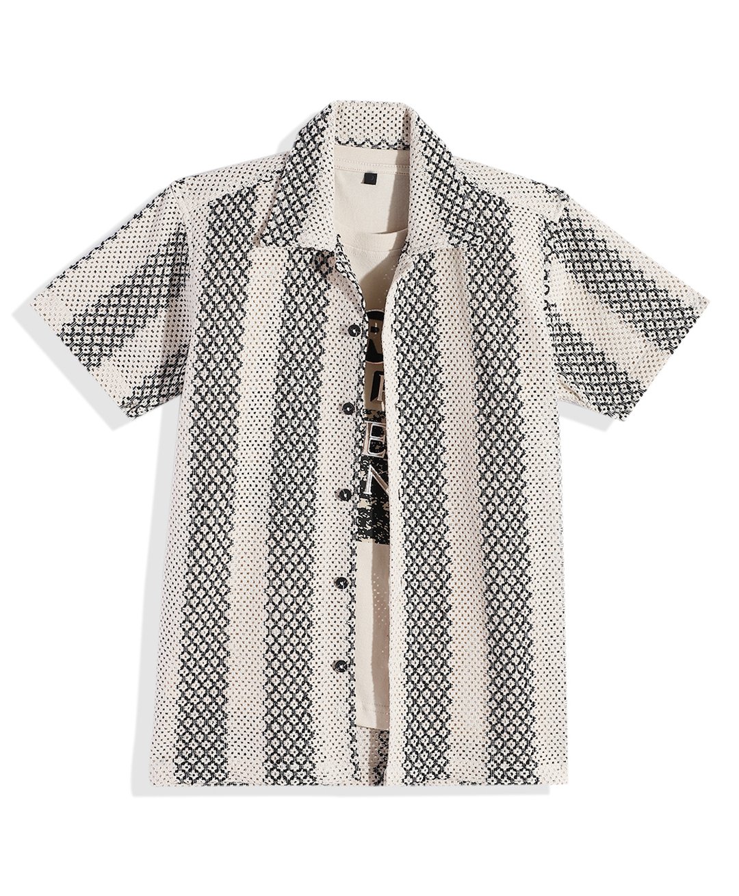 CAVIO Cotton Half Sleeves Striped Embroidered Shirt & Dare Text Printed Tee Set - Black & White-picture-38