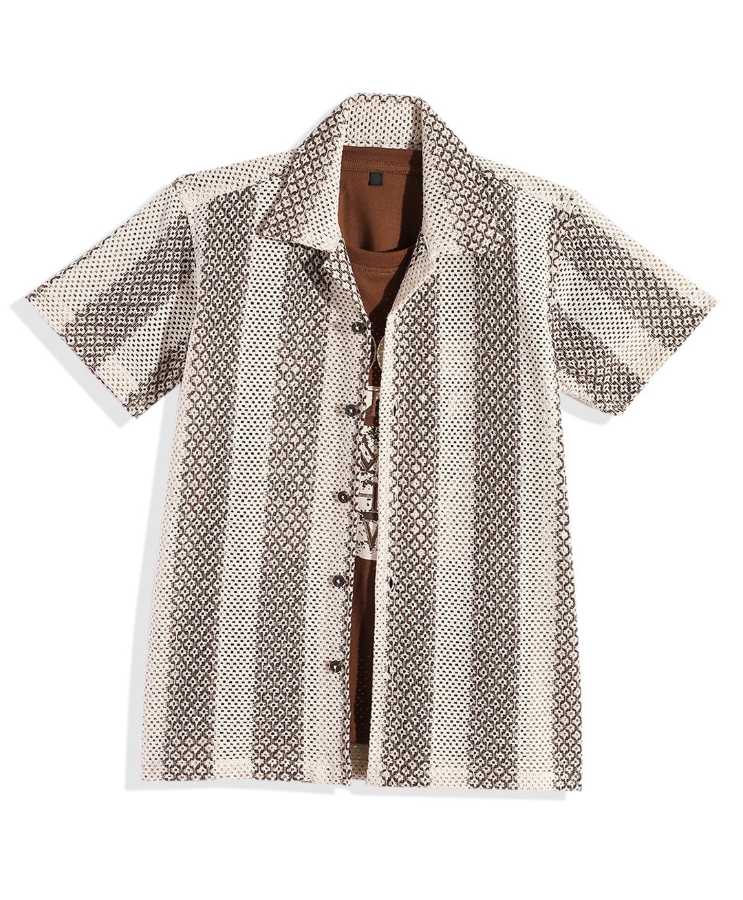 CAVIO Cotton Half Sleeves Striped Embroidered Shirt & Dare Text Printed Tee Set - Brown-image-18