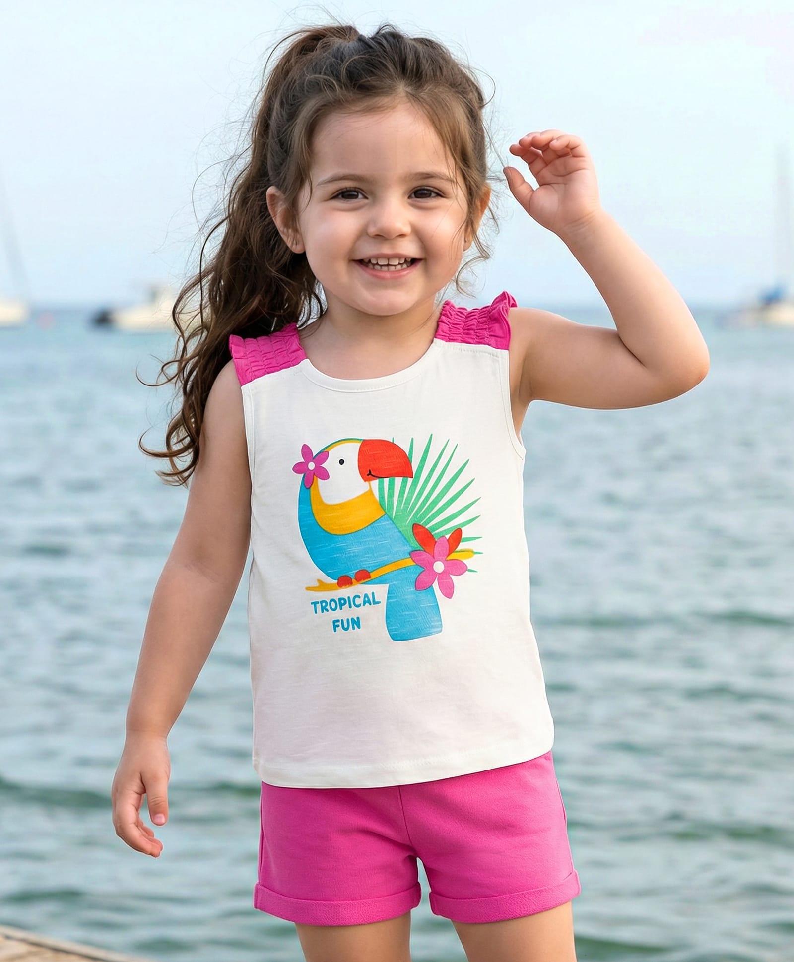 Babyhug Single Jersey Knit Sleeveless Top and Shorts with Bird & Tropical Print- White & Dark Pink-picture-13