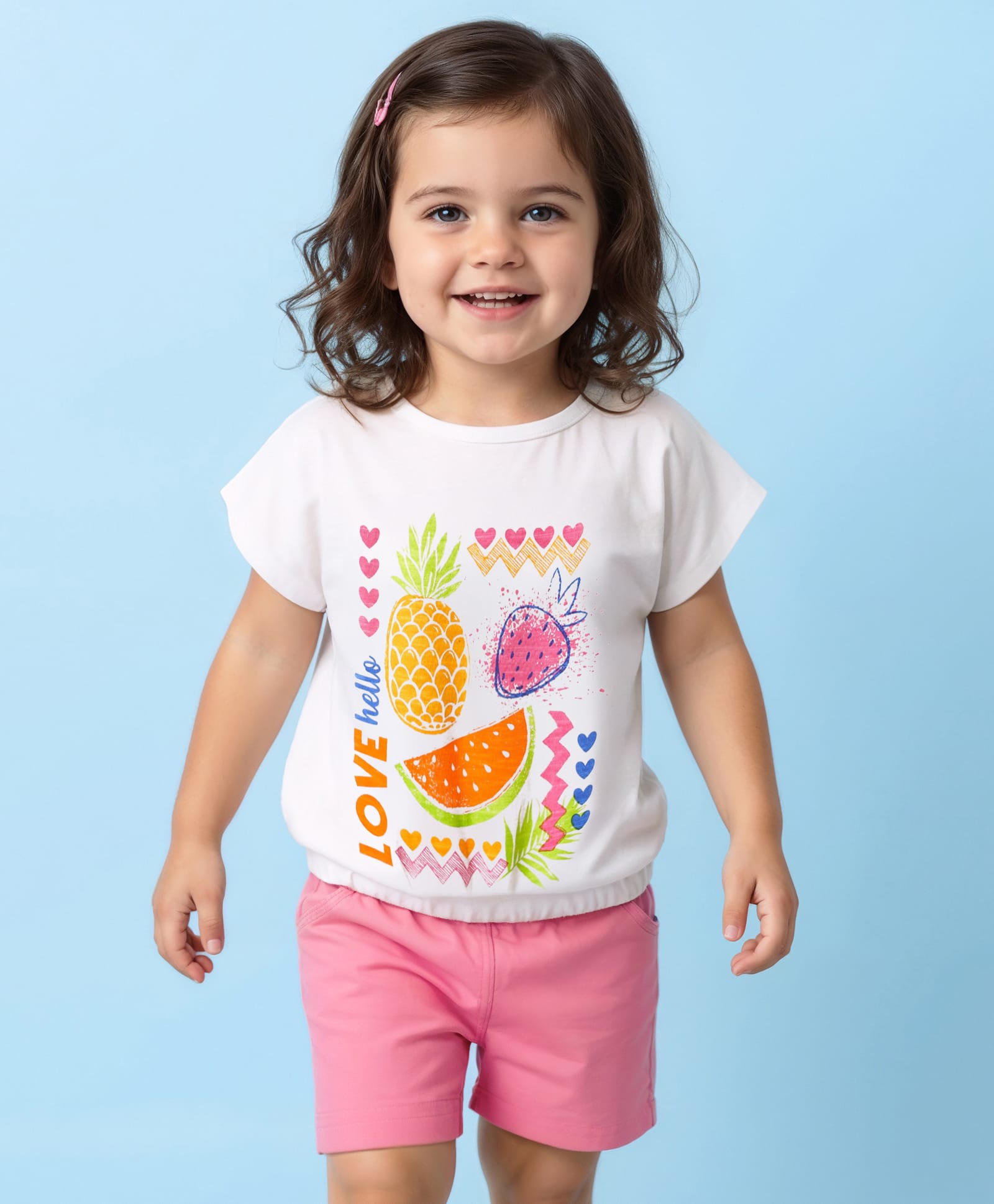 Babyhug Single Jersey Knit Half Sleeves Top & Shorts Set wIth Fruit Print - White & Pink-picture-22