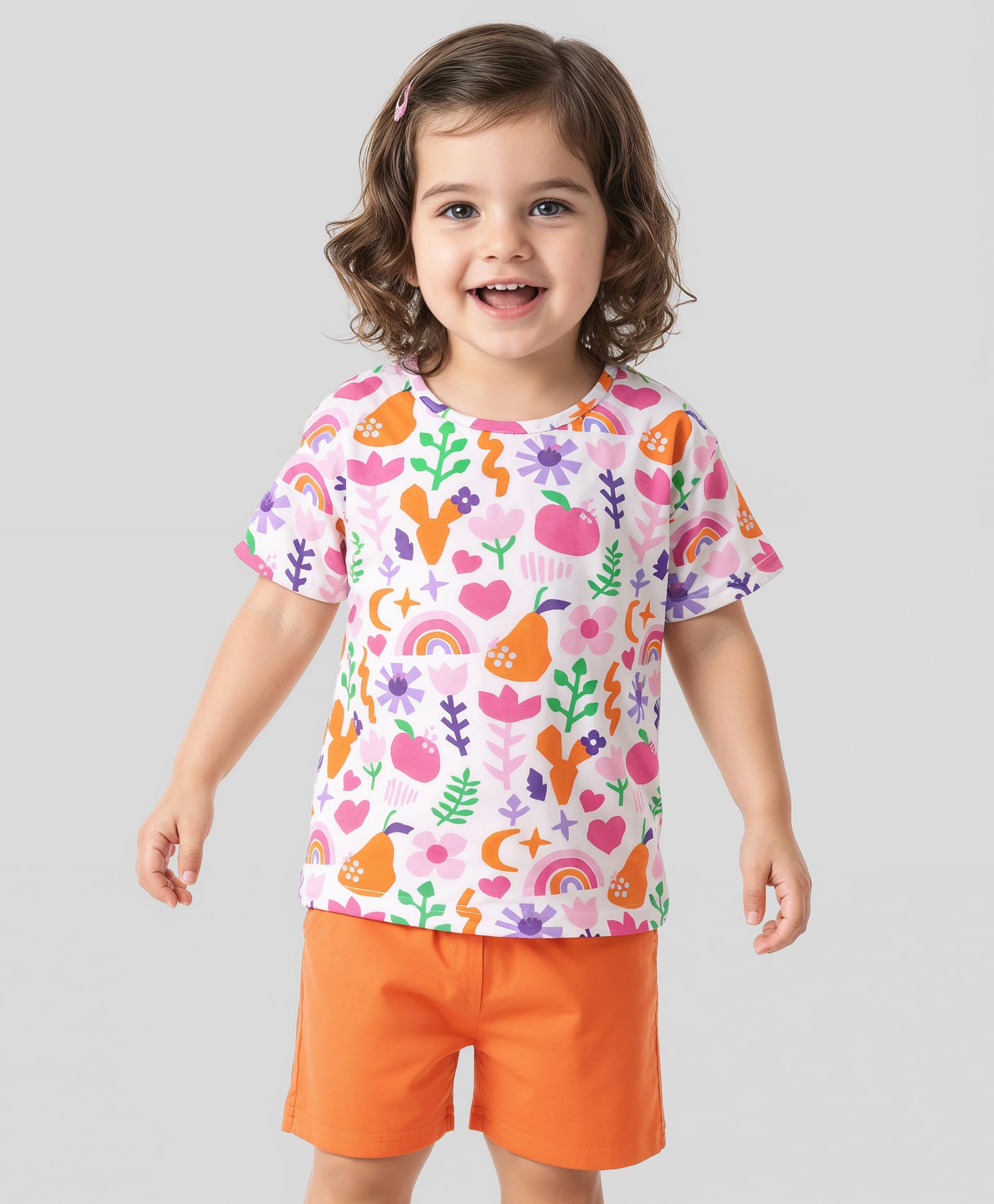 Babyhug Single Jersey Knit Half Sleeves Top & Shorts Set With Fruit & Floral Print - White & Orange-picture-25