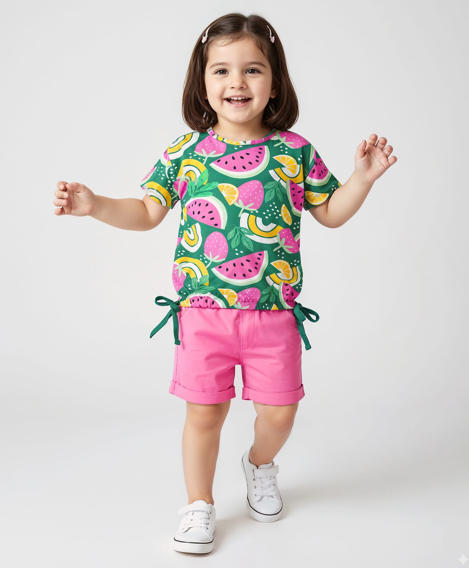 Babyhug Single Jersey Knit Half Sleeves Fruits Printed Top & Shorts Set - Green & Pink-picture-18