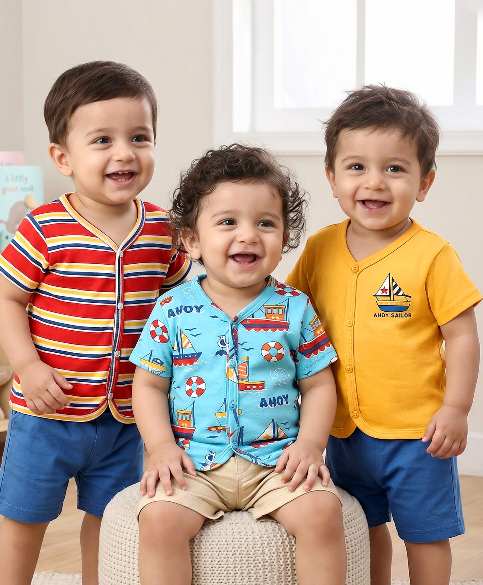 Babyhug 100% Cotton Interlock Knit Half Sleeves Front Open Vest with Stripe Design & Nautical Theme Print Pack of 3 - Yellow Red & Blue-picture-21