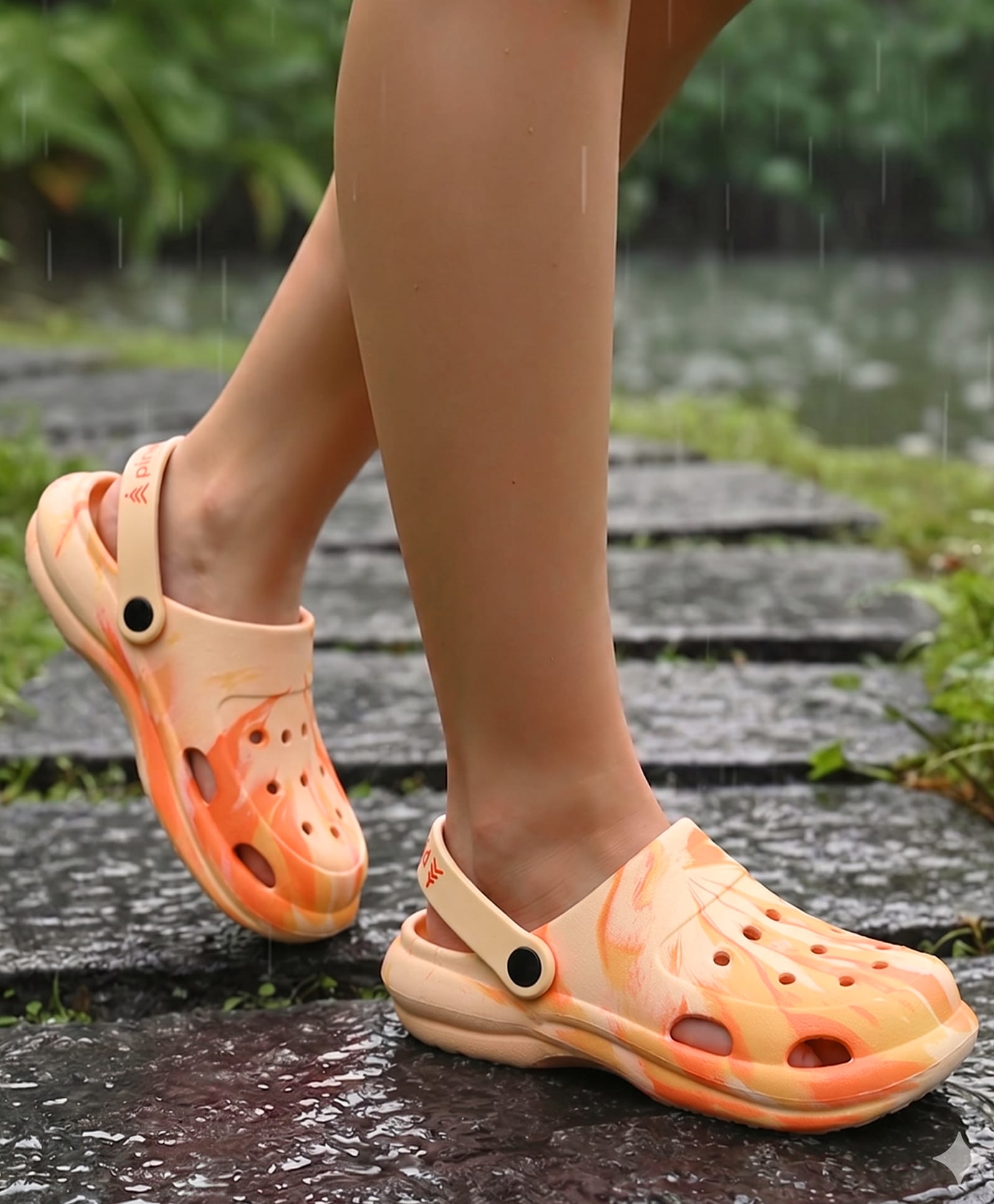 Pine Kids Back Strap Closure Clogs With Marble Print - Orange-picture-34