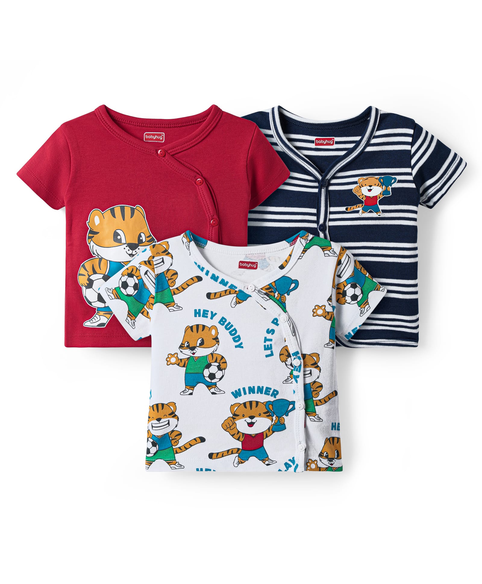 Babyhug 100% Cotton Knit Half Sleeves Antibacterial Front Open Vests with Tiger Print & Stripes Pack of 3 - Red White & Navy Blue
