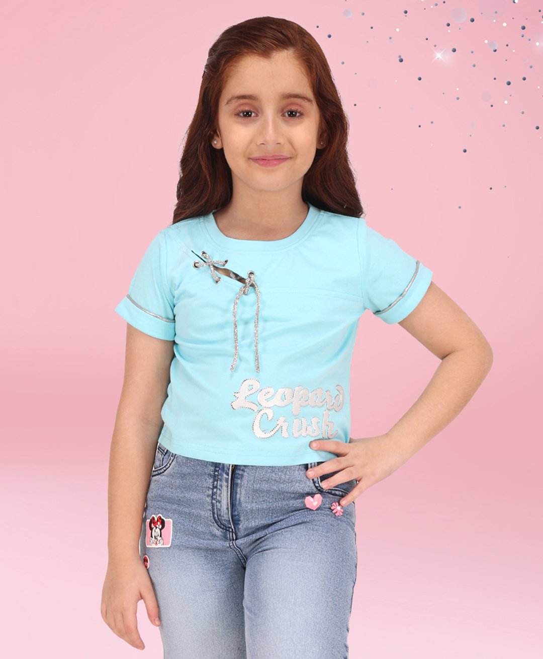 Cutecumber Cotton Half Sleeves Leopard Crush Text Printed Cut Out Detailed Top - Aqua Blue-image-13