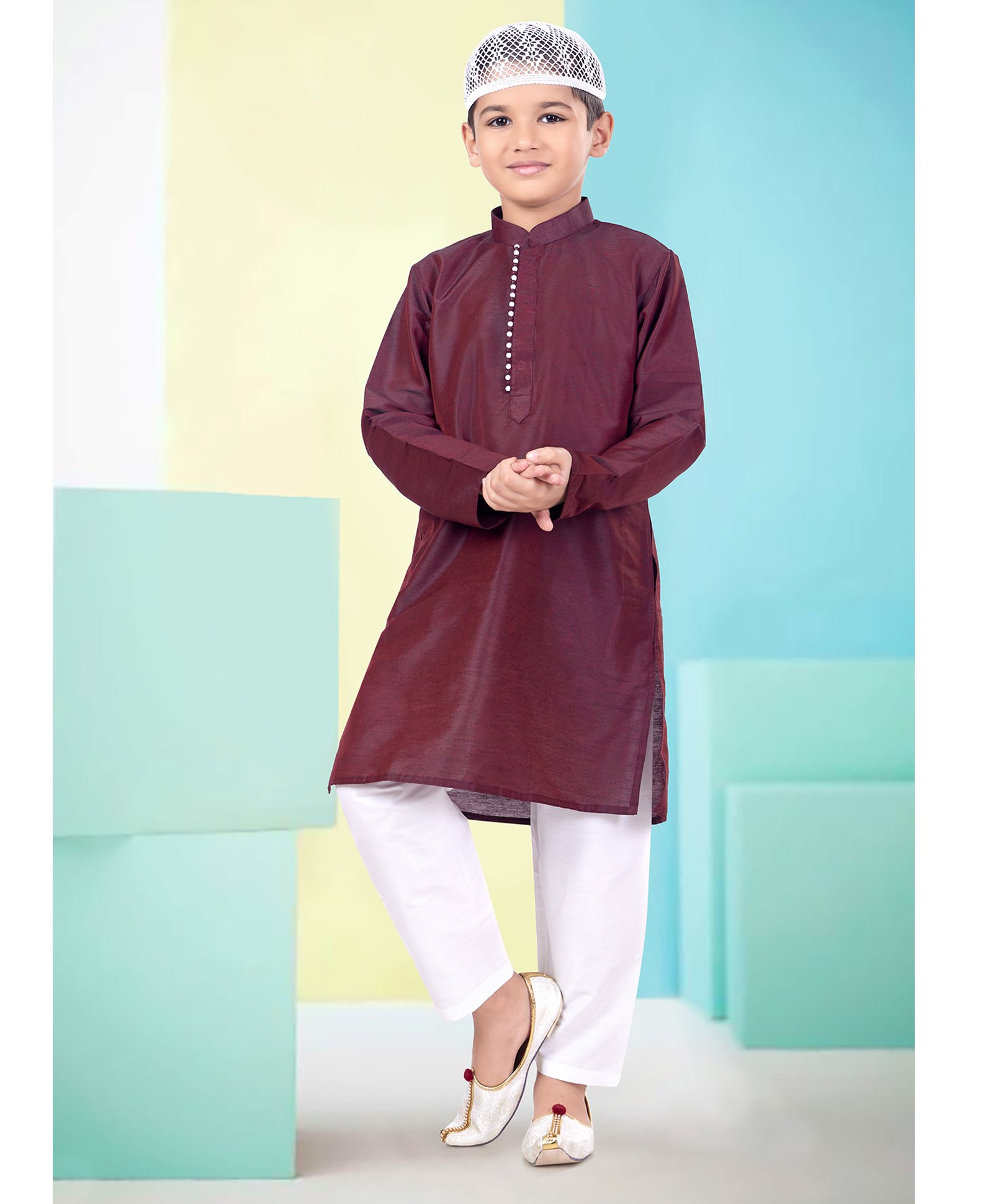 Pehanaava Cotton Blend Eid Theme Full Sleeves Solid Kurta Pyjama & Cap Set - Wine-picture-19