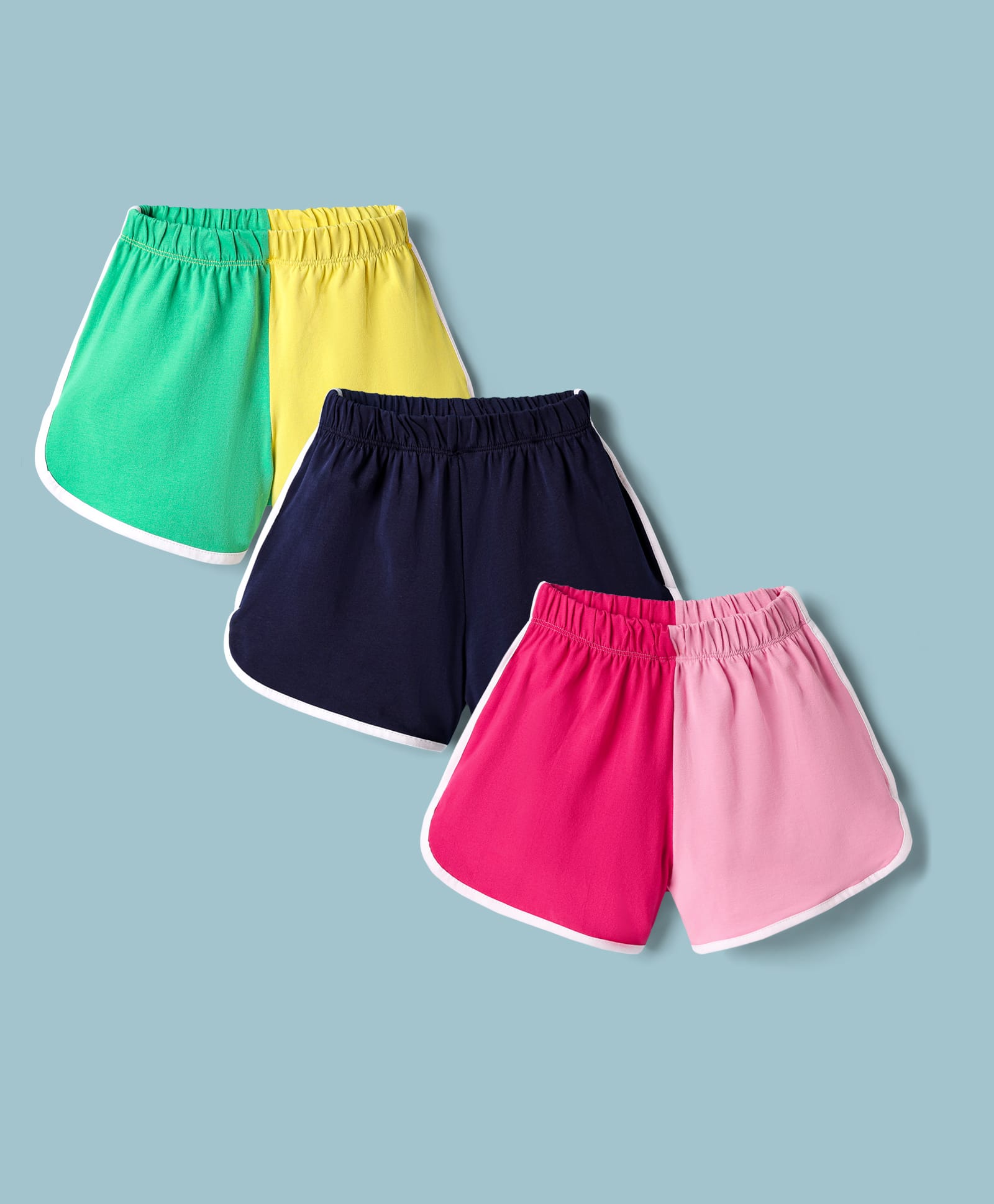 CrayonFlakes Cotton Pack Of 3 Cut & Sew Sports Shorts - Pink Yellow Sea Green & Navy Blue-image-12