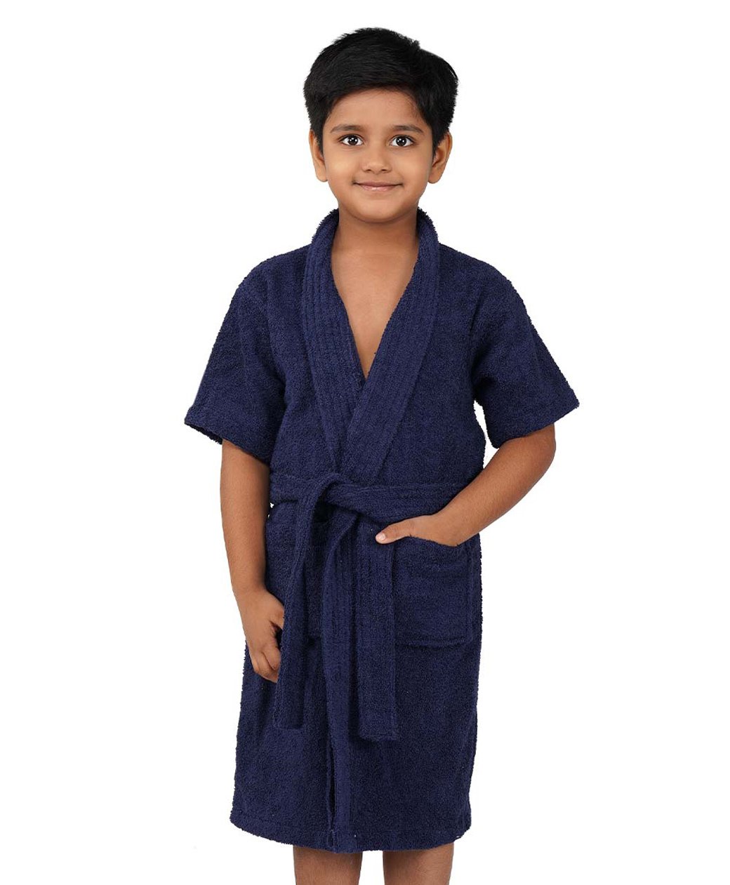 Rangoli Mini Noble Cotton Full Sleeves Solid Ultra Soft Bathrobe With Attached Adjustable Belt - Navy Blue-picture-22