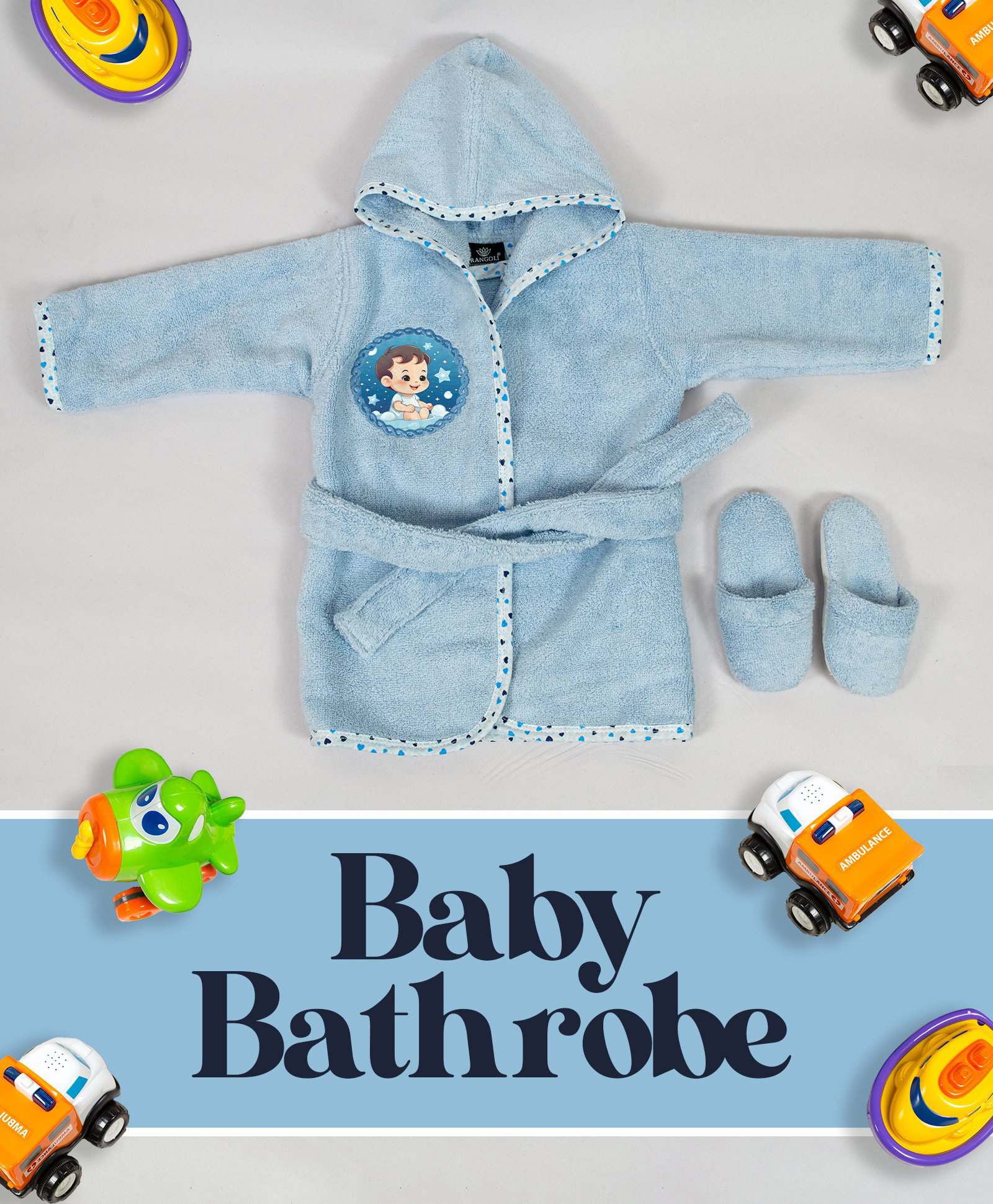 Rangoli Cotton Full Sleeves Baby Boy Patch Detailed Hooded Bath Robe With Attached Belt & Slippers Set - Blue-picture-19