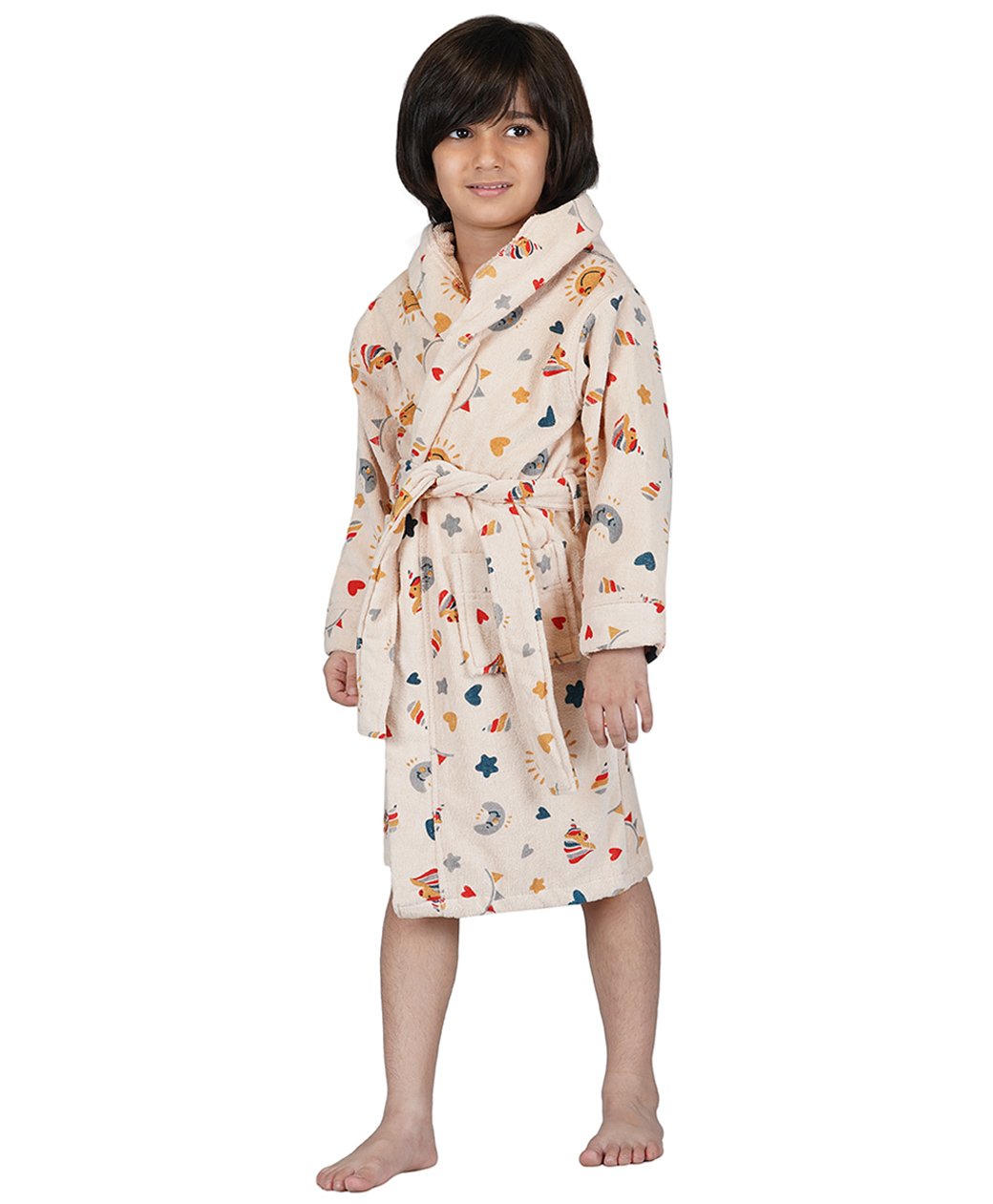 Rangoli Cotton Full Sleeves Unicorn & Hearts Printed Ultra Soft Bathrobe With Attached Belt - Beige-picture-28