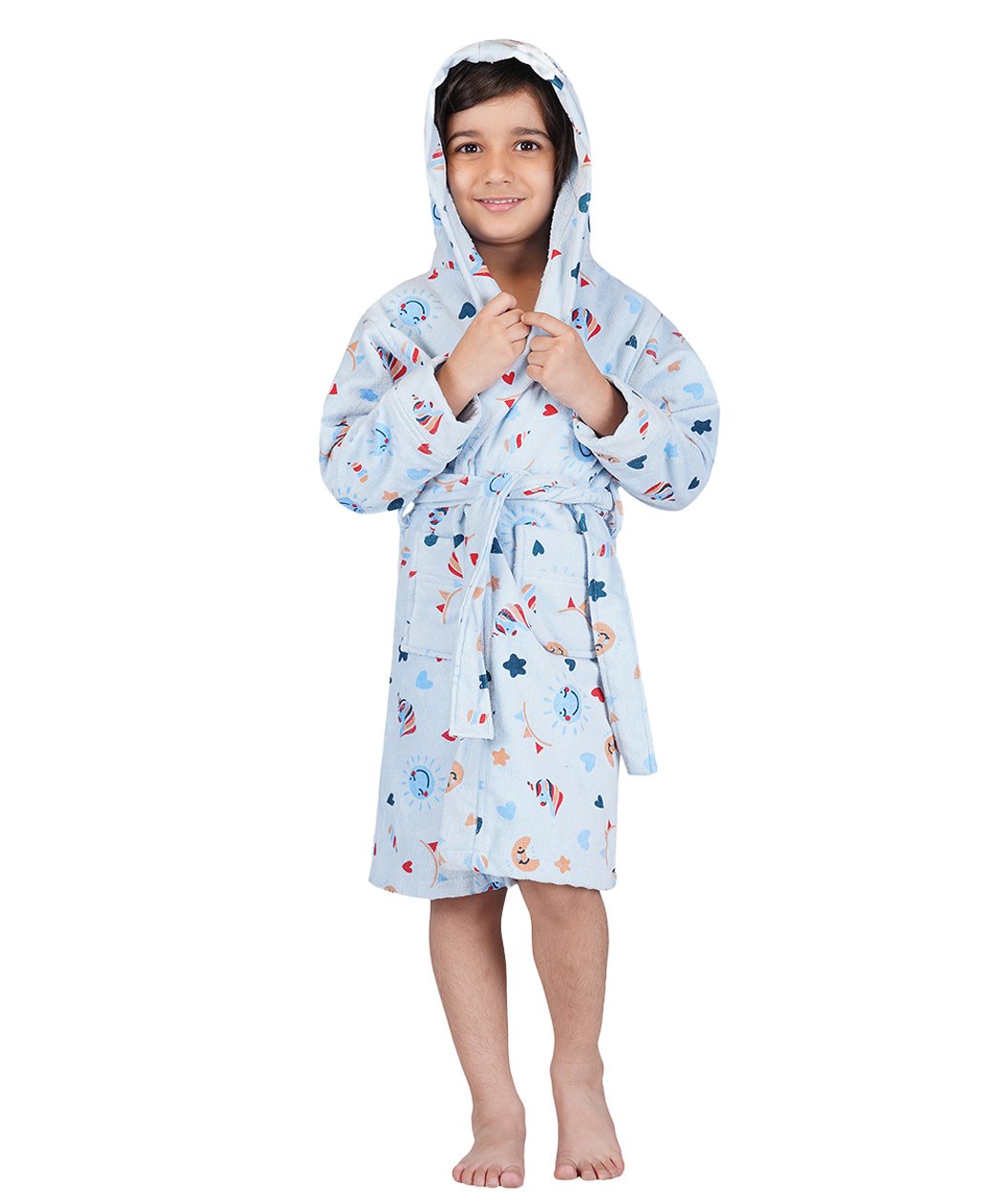 Rangoli Cotton Full Sleeves Unicorn & Hearts Printed Ultra Soft Bathrobe With Attached Belt - Blue-picture-21