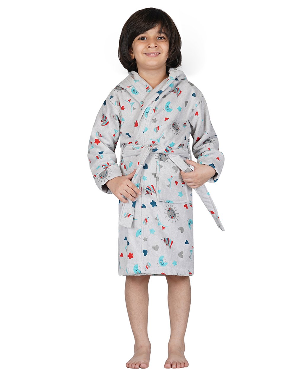 Rangoli Cotton Full Sleeves Unicorn & Hearts Printed Ultra Soft Bathrobe With Attached Belt - Grey-picture-18