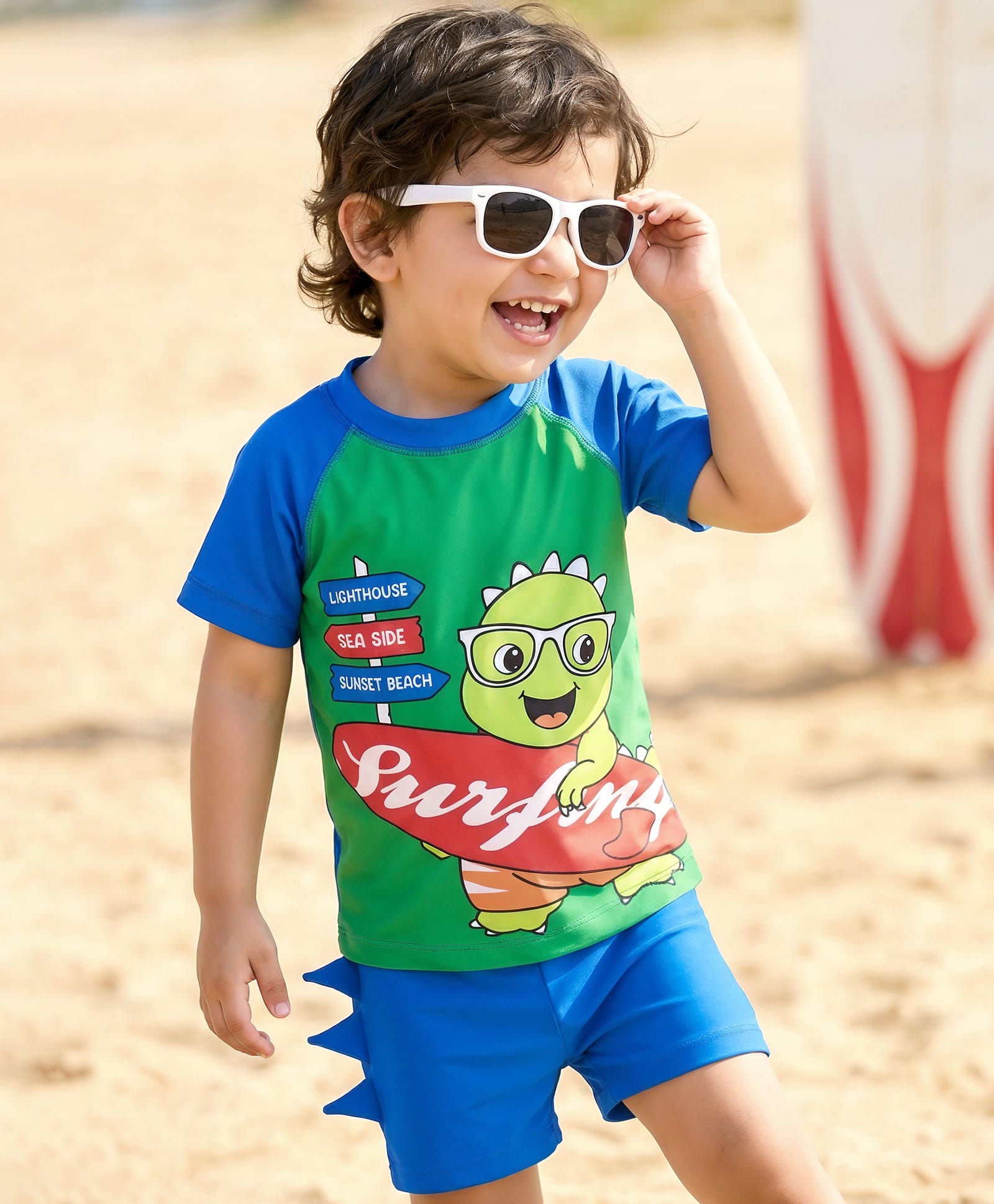 Babyhug Cotton Water Repellant Half Raglan Sleeves Two Piece Swimming Suit with Dino Print - Blue & Green-picture-15