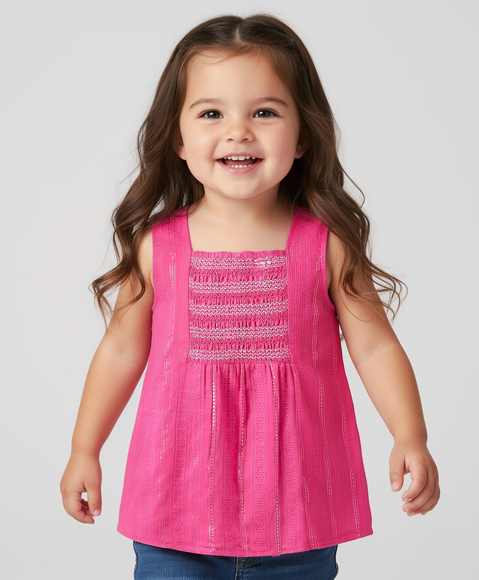 Babyhug Cotton Lurex Woven Sleeveless Smocked Top -Dark Pink-image-6