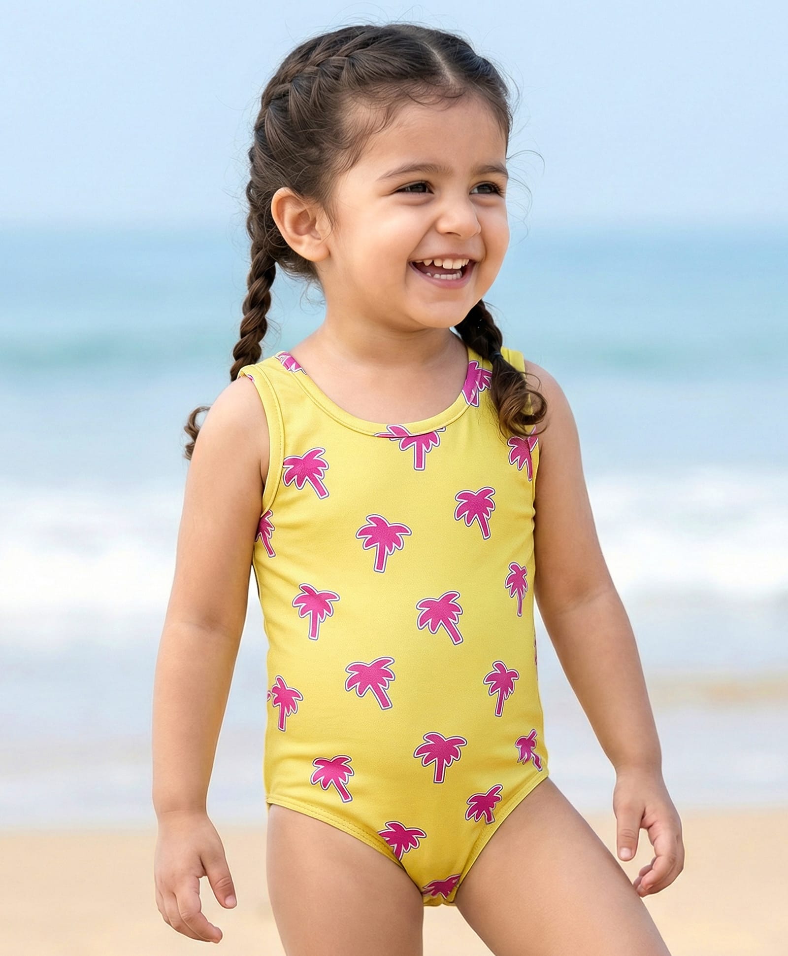 Babyhug Water Repellant Sleeveless V Cut Swimsuit With Tropical Theme Print - Yellow-image-48