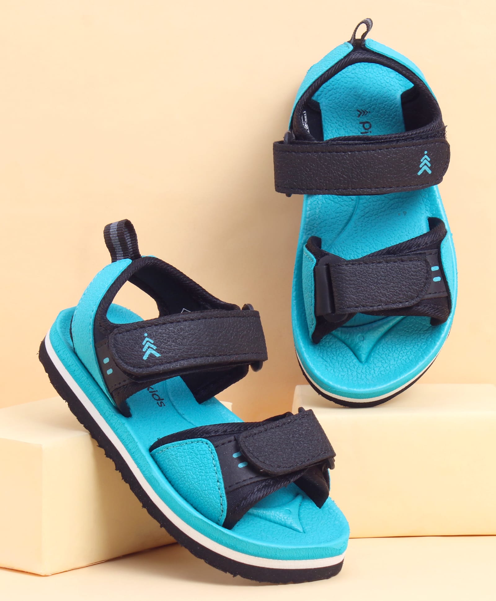Pine Kids Solid Sandals With Velcro Closure - Teal Blue & Black-image-29