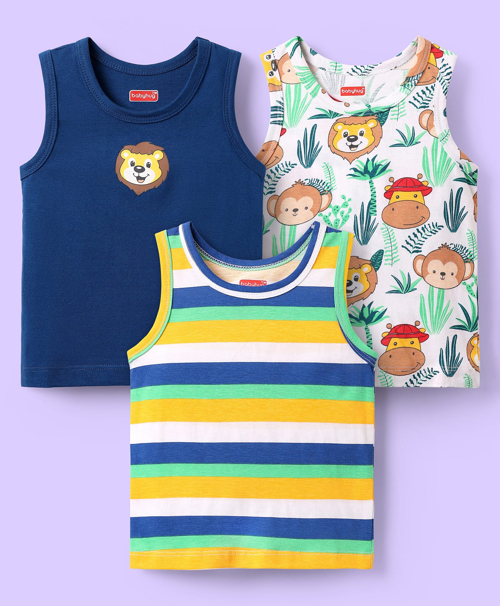 Babyhug 100% Cotton Knit Antibacterial Sleeveless Sandos With Stripes & Animal Print Pack Of 3 - Navy Blue White & Yellow-picture-26