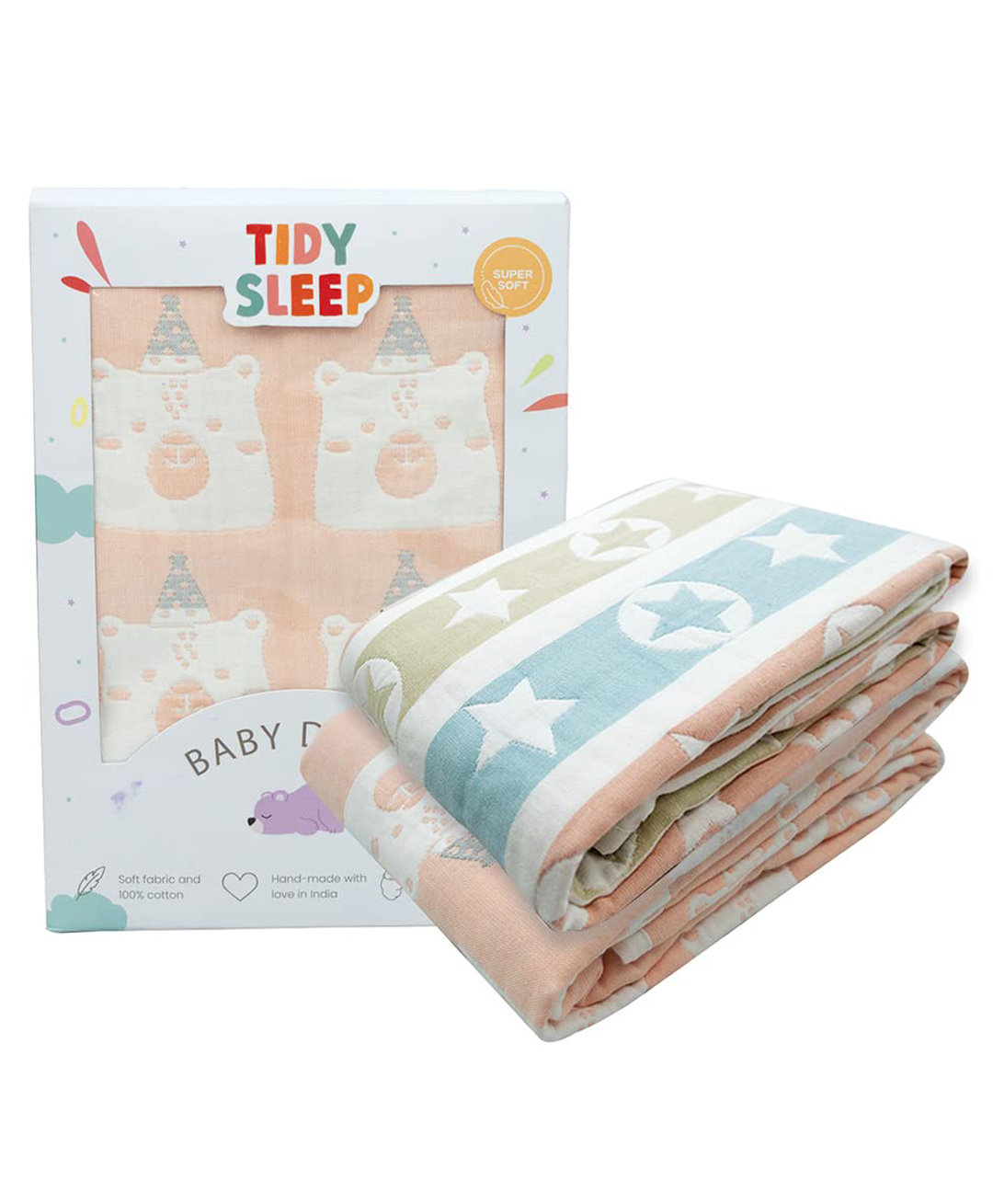 Tidy Sleep Yarn Dyed Blanket (Pink Bear & Multi Star) Pack 2-image-16