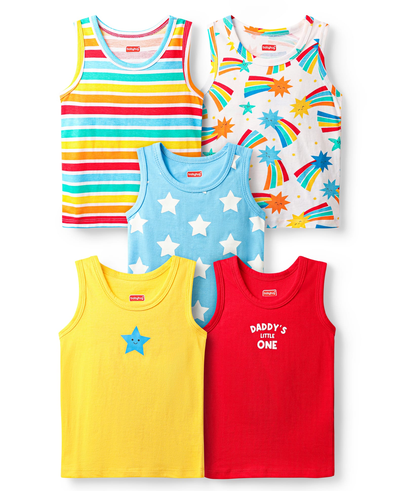 Babyhug 100% Cotton Knit Sleeveless Antibacterial Vests with Star Print & Stripes Pack of 5 - Multicolor