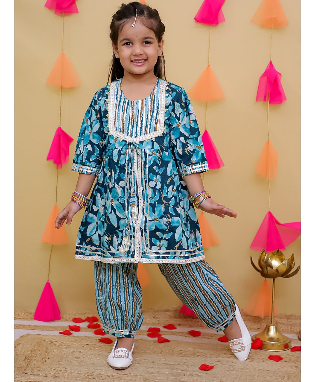 AJ Dezines Cotton Three Fourth Sleeves Floral Printed & Mirror Work Detailed Kurta Salwar Set - Blue-picture-17