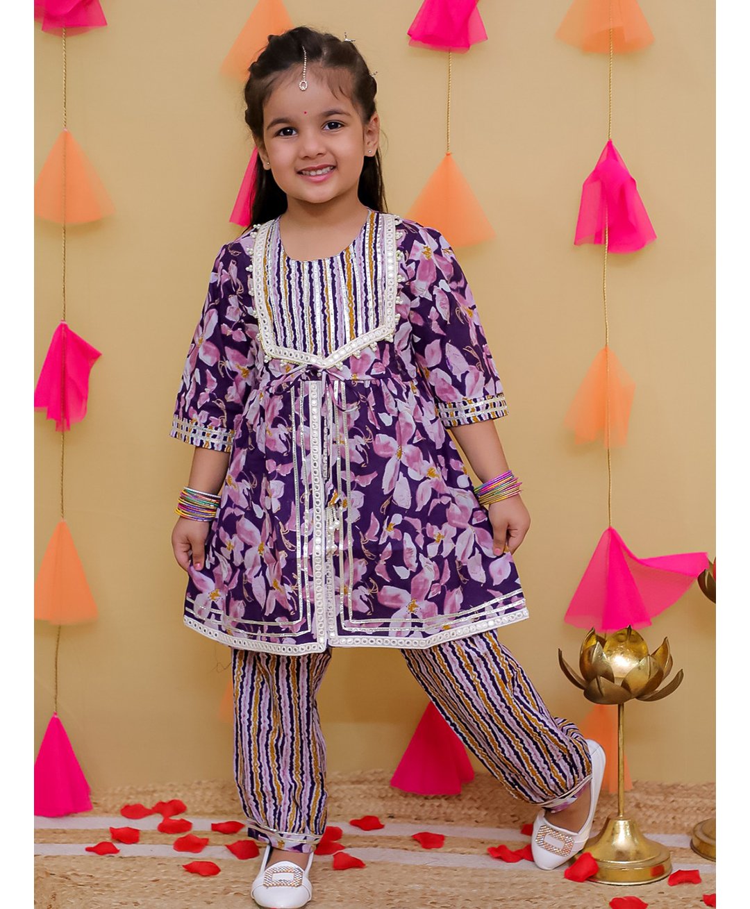 AJ Dezines Cotton Three Fourth Sleeves Floral Printed & Mirror Work Detailed Kurta Salwar Set - Purple-picture-13