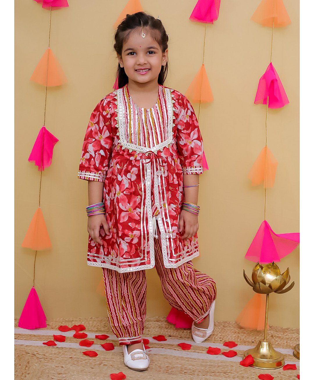 AJ Dezines Cotton Three Fourth Sleeves Floral Printed & Mirror Work Detailed Kurta Salwar Set - Red-picture-47