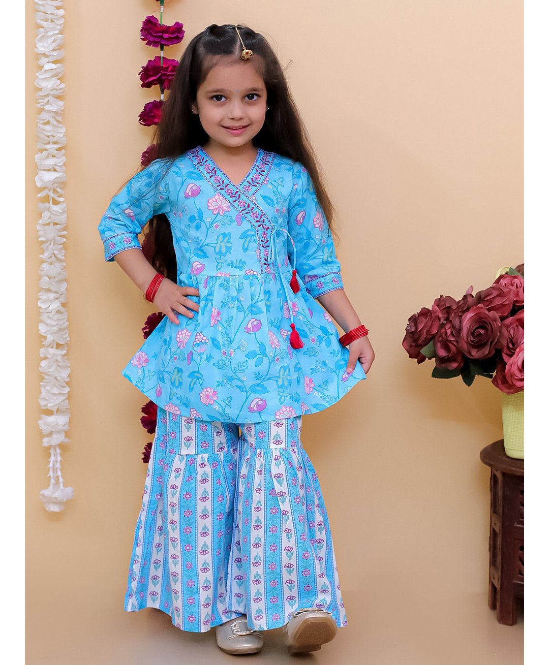 AJ Dezines Cotton Three Fourth Sleeves Floral Printed Kurta & Sharara Set- Sky Blue-image-47