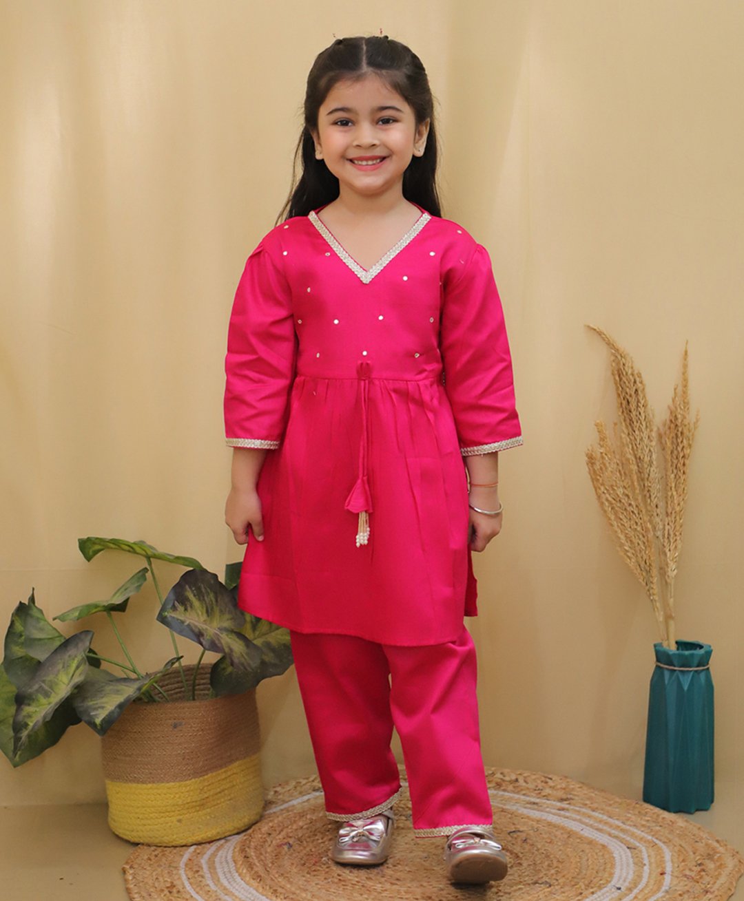 AJ Dezines Cotton Three Fourth Sleeves Rhinestones & Lace Embellished Kurta & Pant Set - Pink-picture-46
