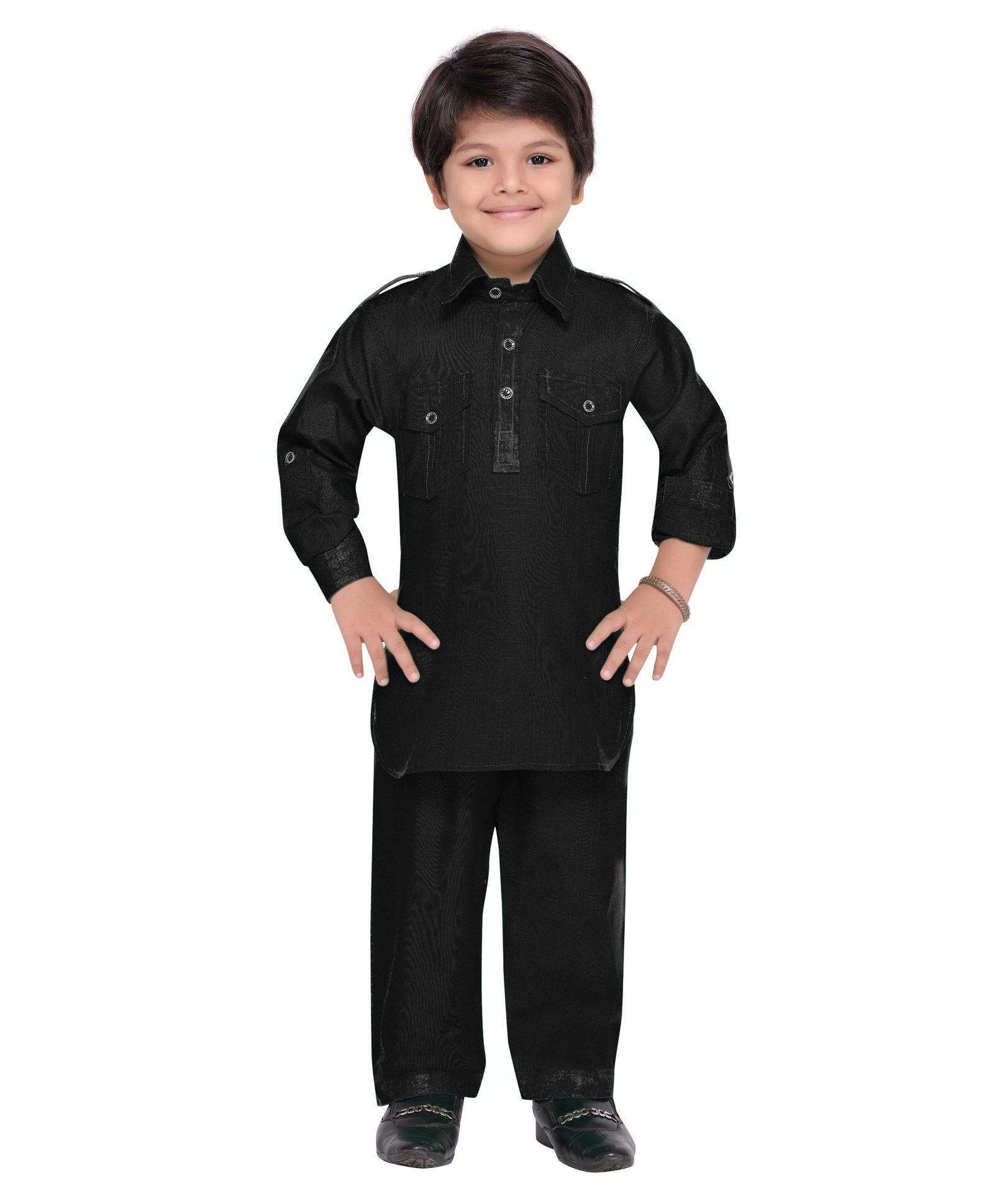 AJ Dezines Cotton Full Sleeves Solid Pathani Kurta Pyjama Set - Black-picture-33