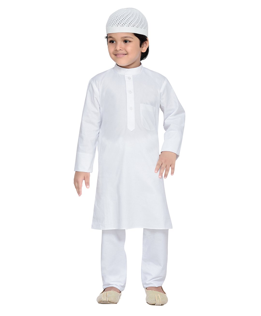AJ Dezines Cotton Full Sleeves Solid Kurta Pyjama With Cap Set - White-image-44