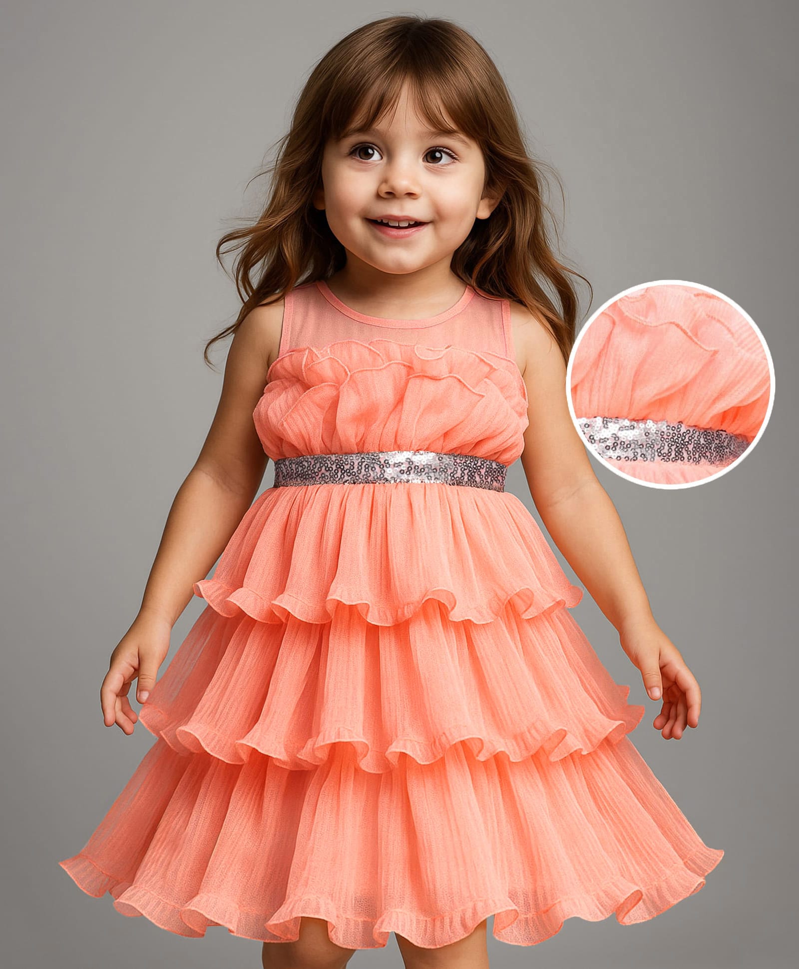 Babyhug Woven Sleeveless Ruffled Party Dress With Sequins - Peach-image-38