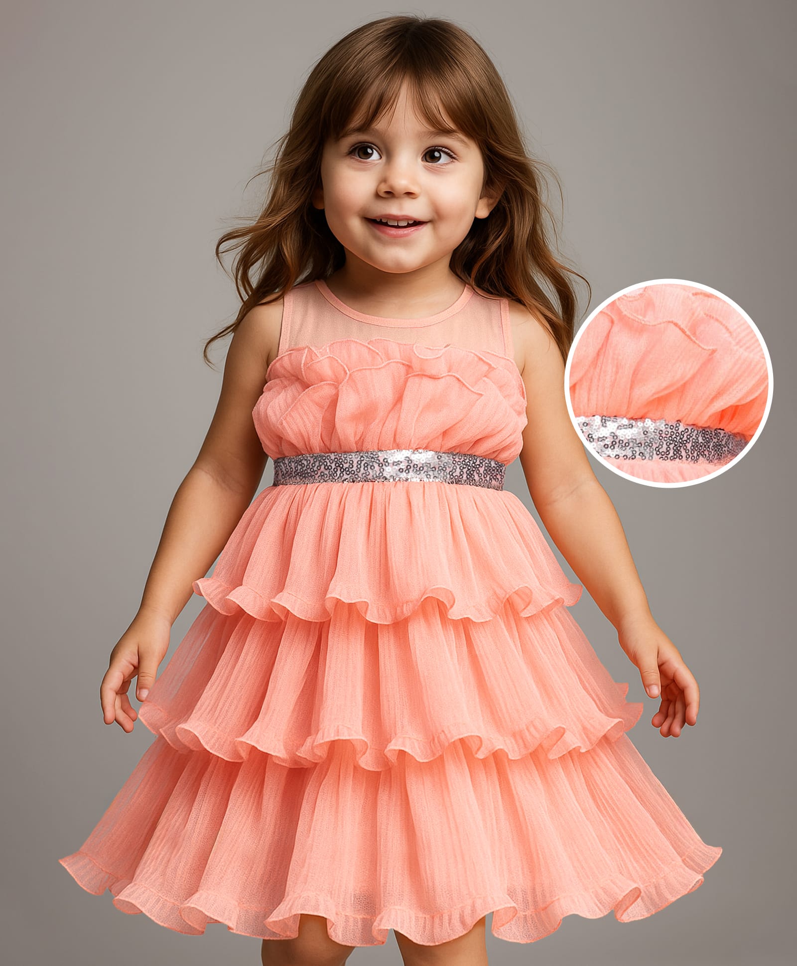 Babyhug Woven Sleeveless Ruffled Party Dress With Sequins - Peach