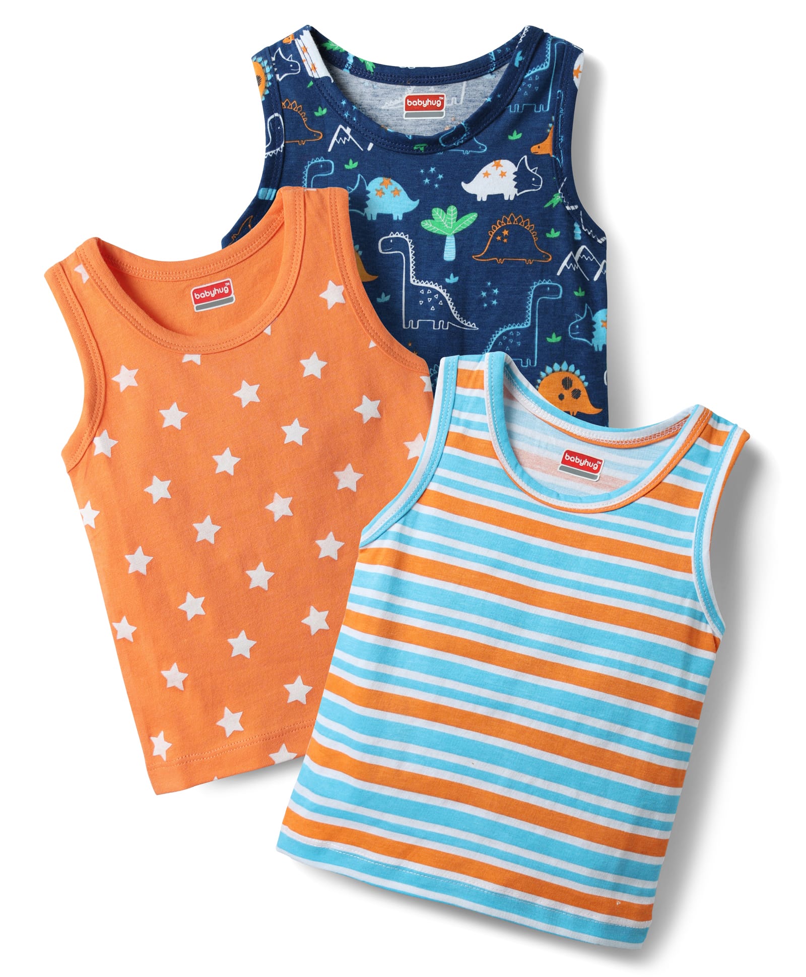 Babyhug 100% Cotton Single Jersey Knit Sleeveless Antibacterial Sando With Stripes Dino & Star Print Pack Of 3 - Orange Light Blue & Navy Blue-image-8