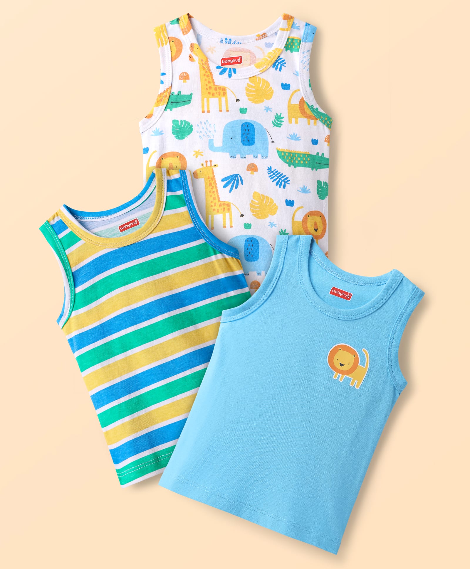 Babyhug 100% Cotton Antibacterial Sando With Stripes & Animal Print Pack Of 3 - Light Blue Yellow & Turquoise-image-37